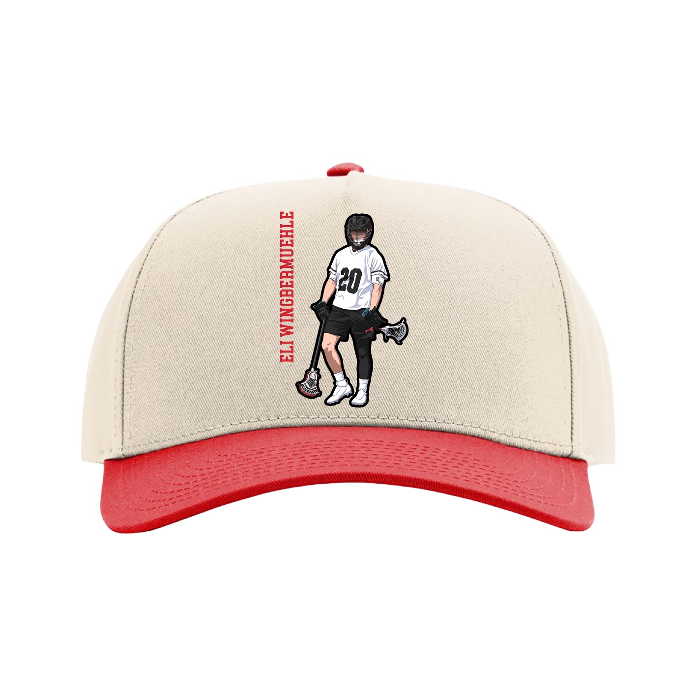Full Fabric Five-Panel Champ Cap — Name Vertical in Cream/Red