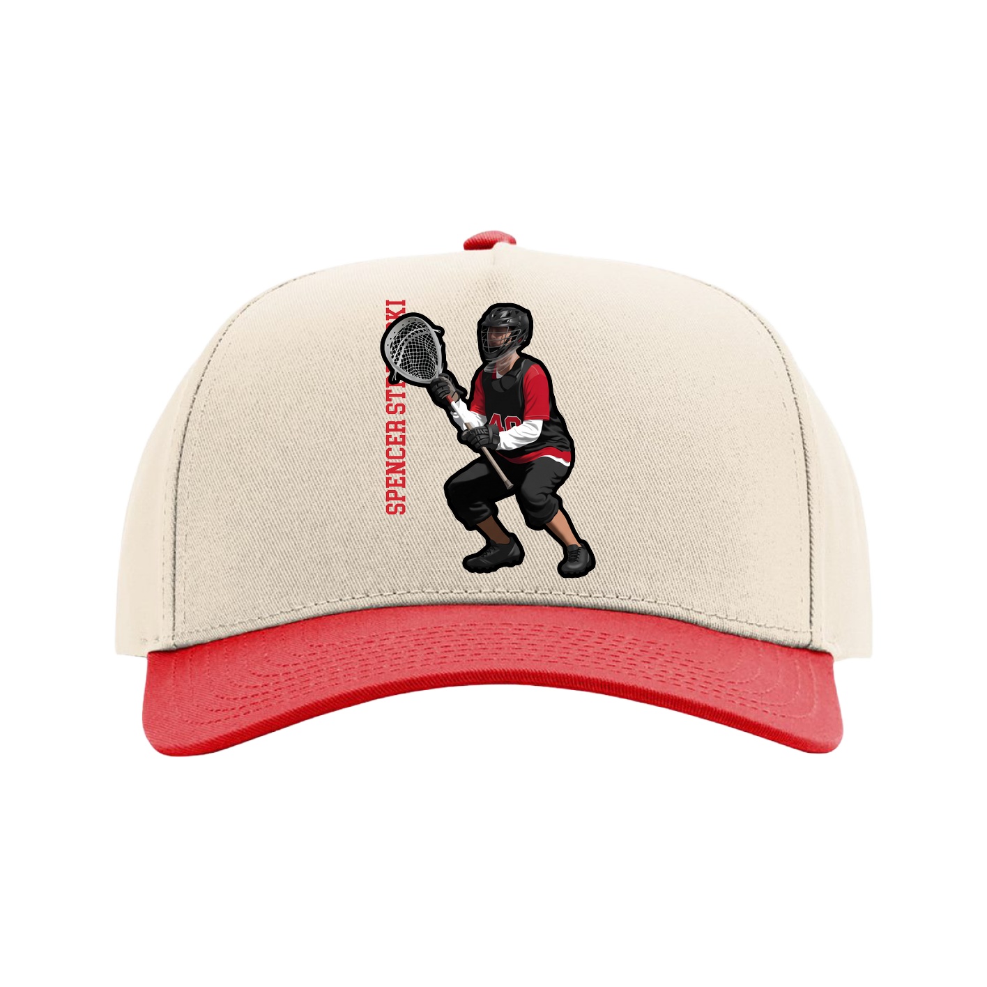 Full Fabric Five-Panel Champ Cap — Name Vertical in Cream/Red