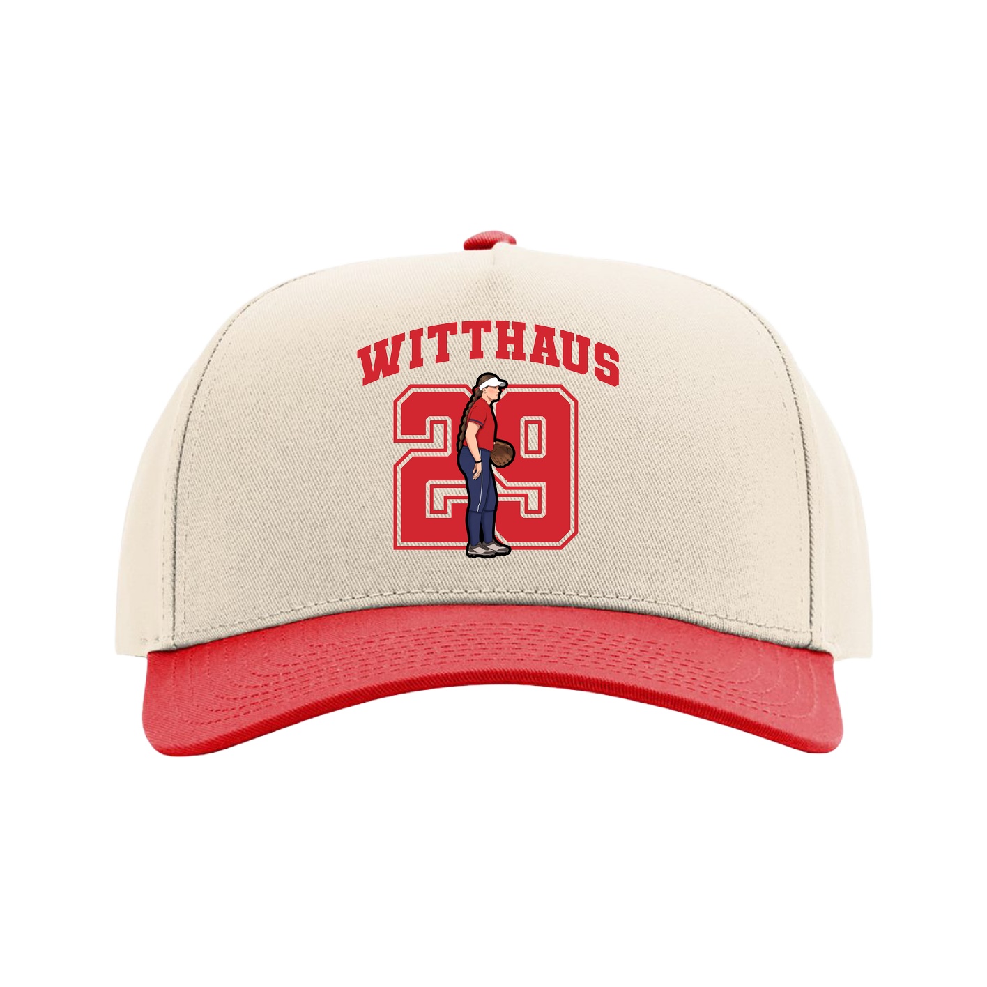 Full Fabric Five-Panel Champ Cap — Number in Cream/Red