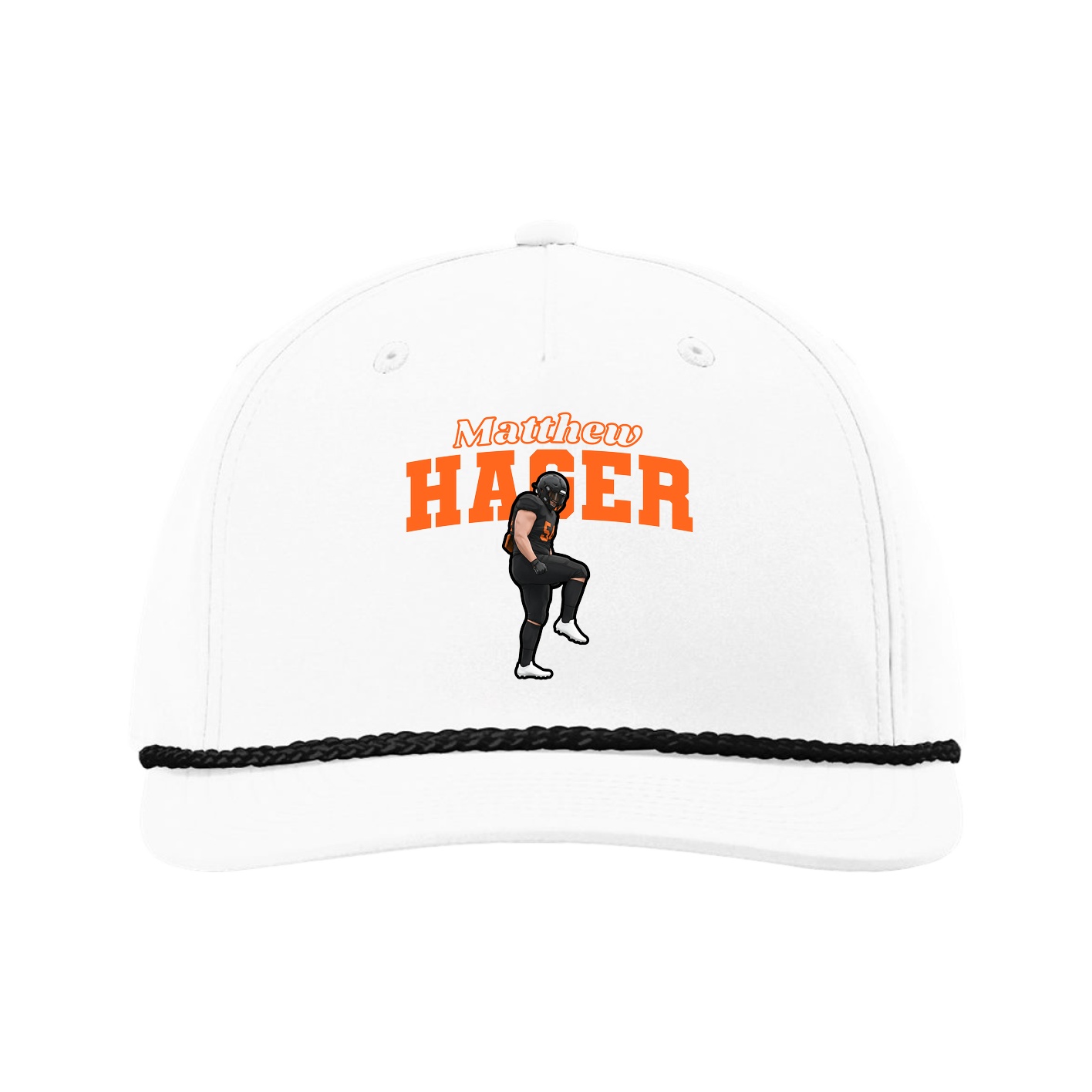 Five-Panel Classic Rope Cap — Name Arch in White