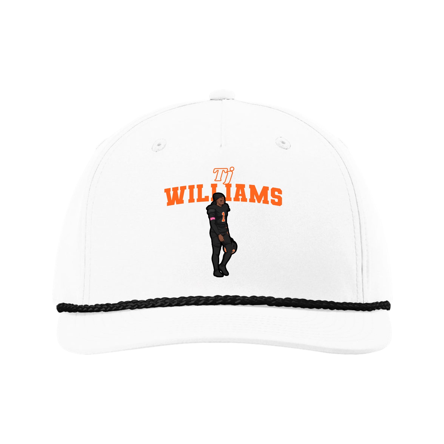Five-Panel Classic Rope Cap — Name Arch in White