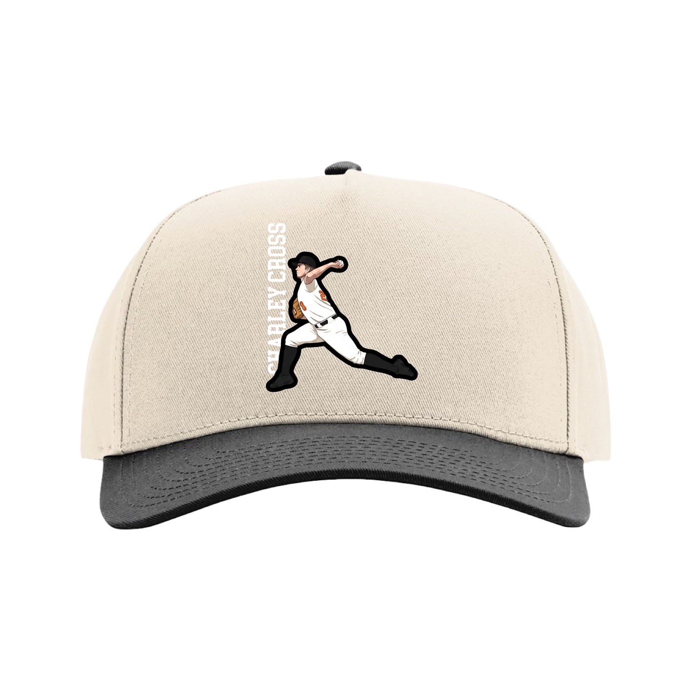 Full Fabric Five-Panel Champ Cap — Name Vertical in Cream/Black