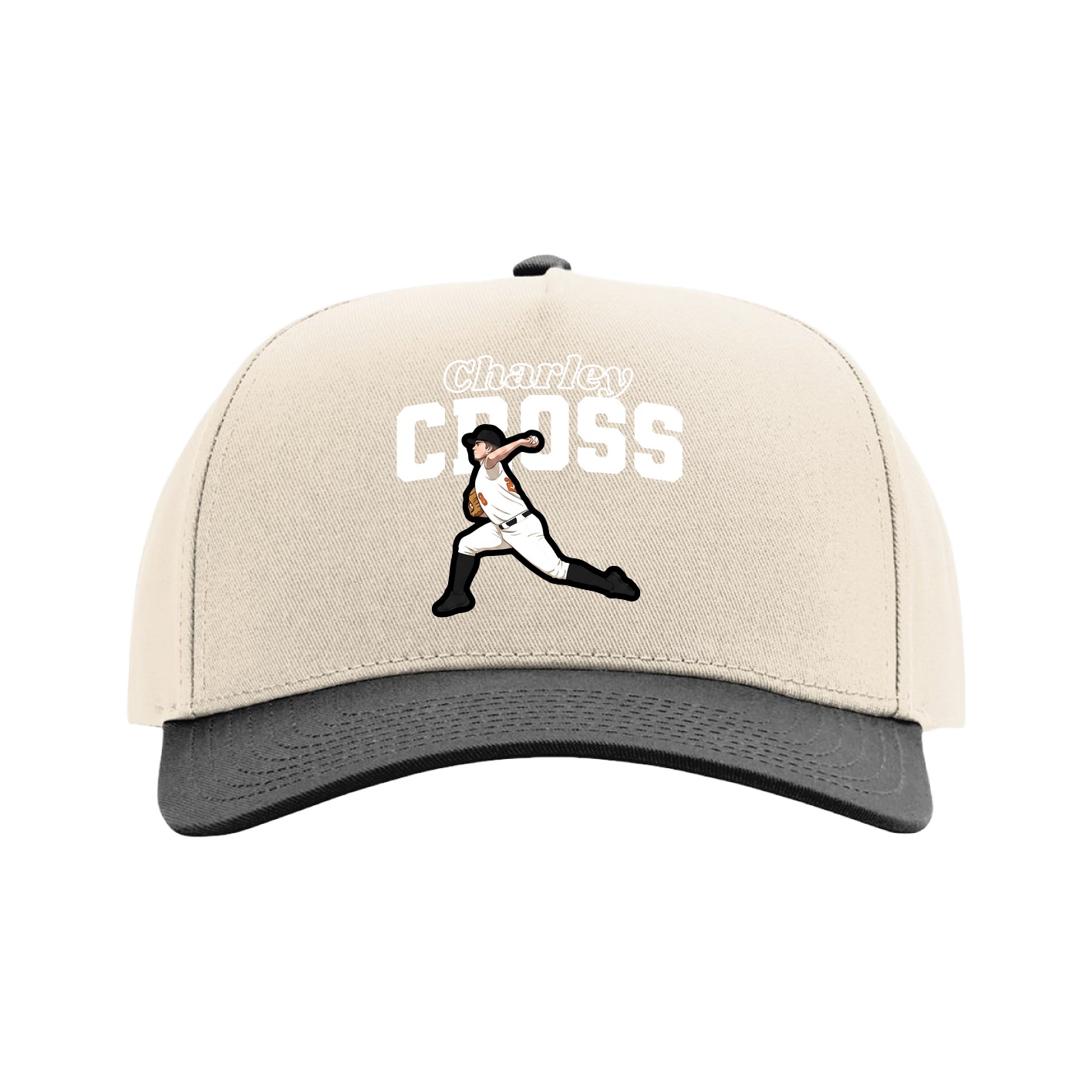 Full Fabric Five-Panel Champ Cap — Name Arch in Cream/Black