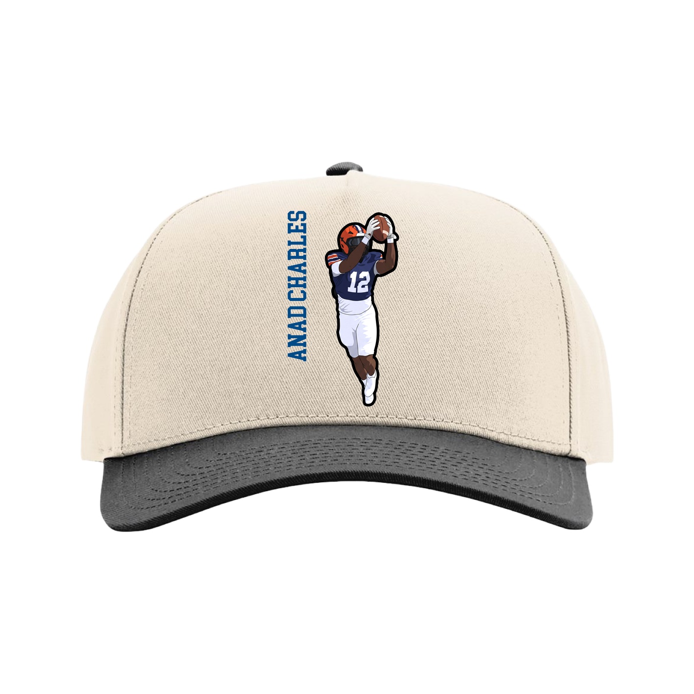 Full Fabric Five-Panel Champ Cap — Name Vertical in Cream/Black