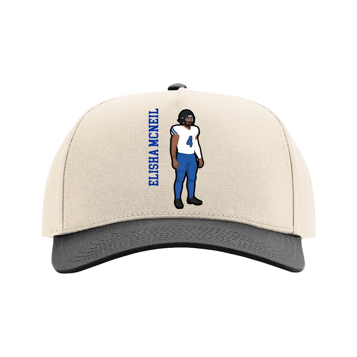 Full Fabric Five-Panel Champ Cap — Name Vertical in Cream/Black