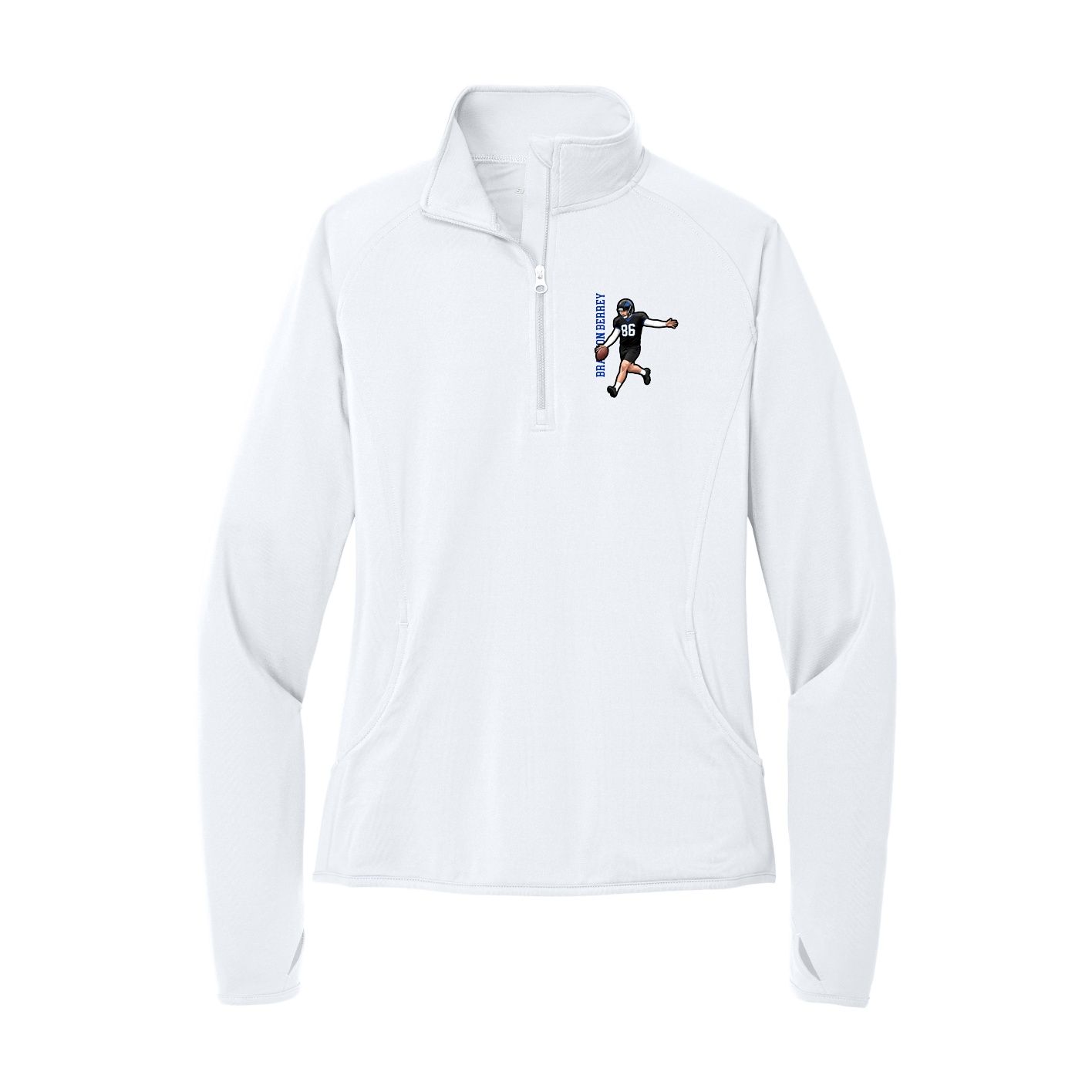 Women's Q-Zip Pullover — Name Vertical in White