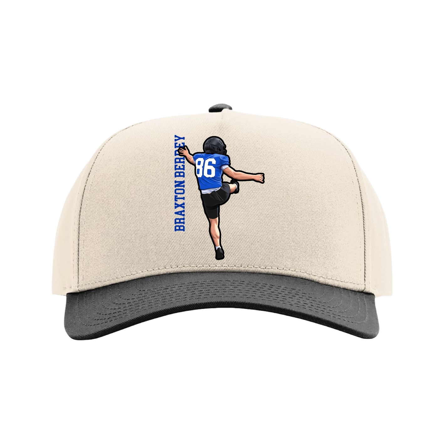 Full Fabric Five-Panel Champ Cap — Name Vertical in Cream/Black