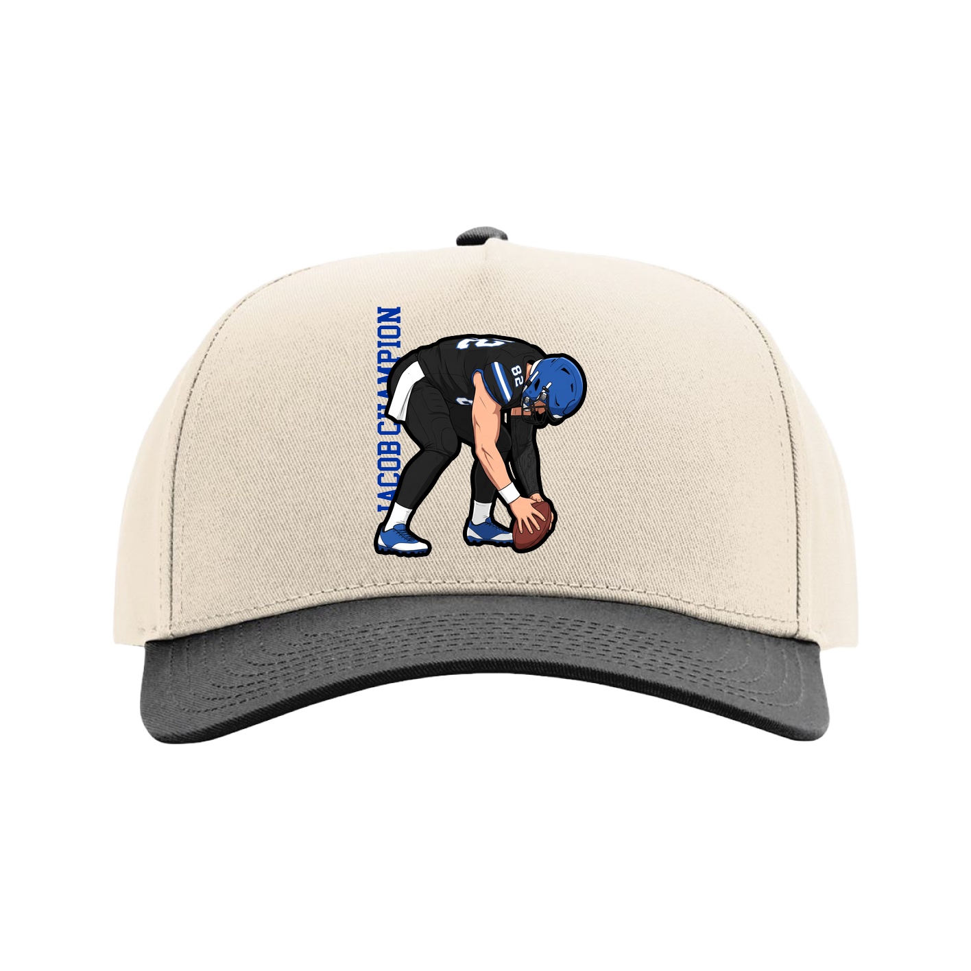 Full Fabric Five-Panel Champ Cap — Name Vertical in Cream/Black