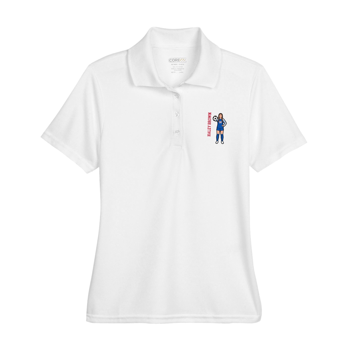 Womens Performance Polo — Name Vertical in White