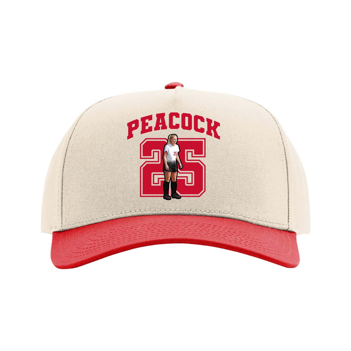 Full Fabric Five-Panel Champ Cap — Number in Cream/Red