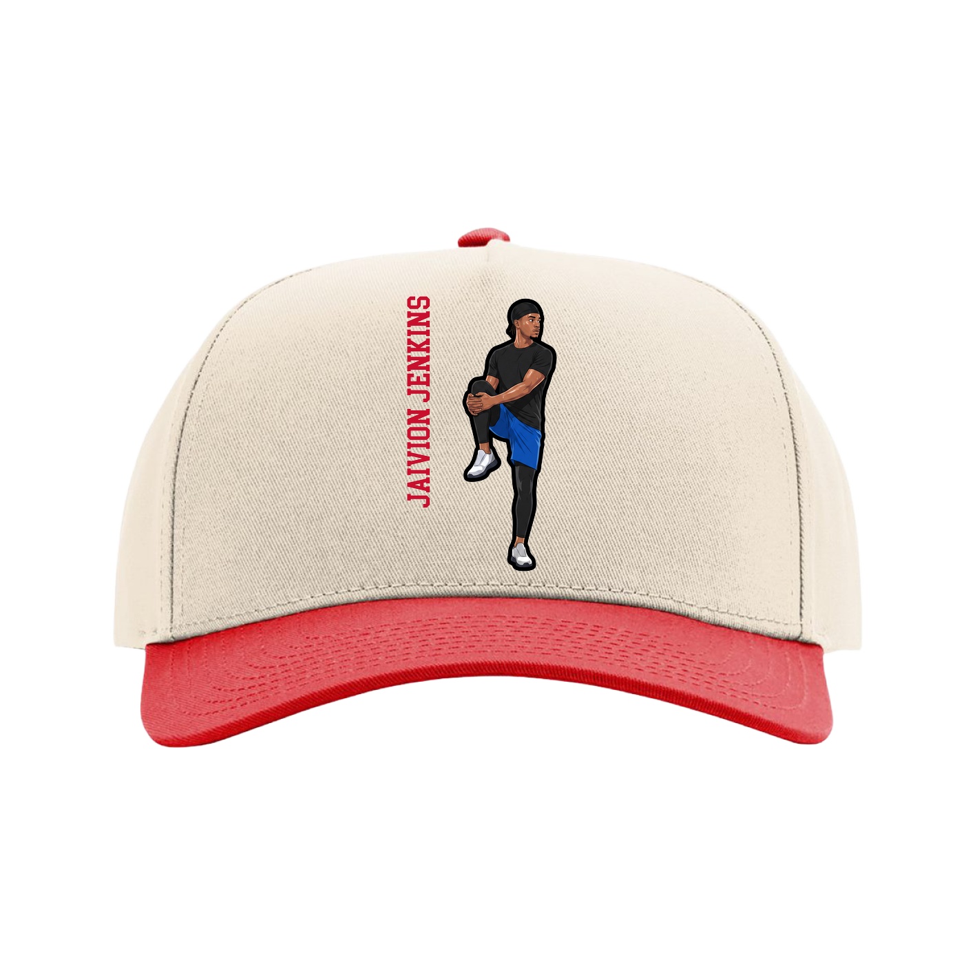 Full Fabric Five-Panel Champ Cap — Name Vertical in Cream/Red