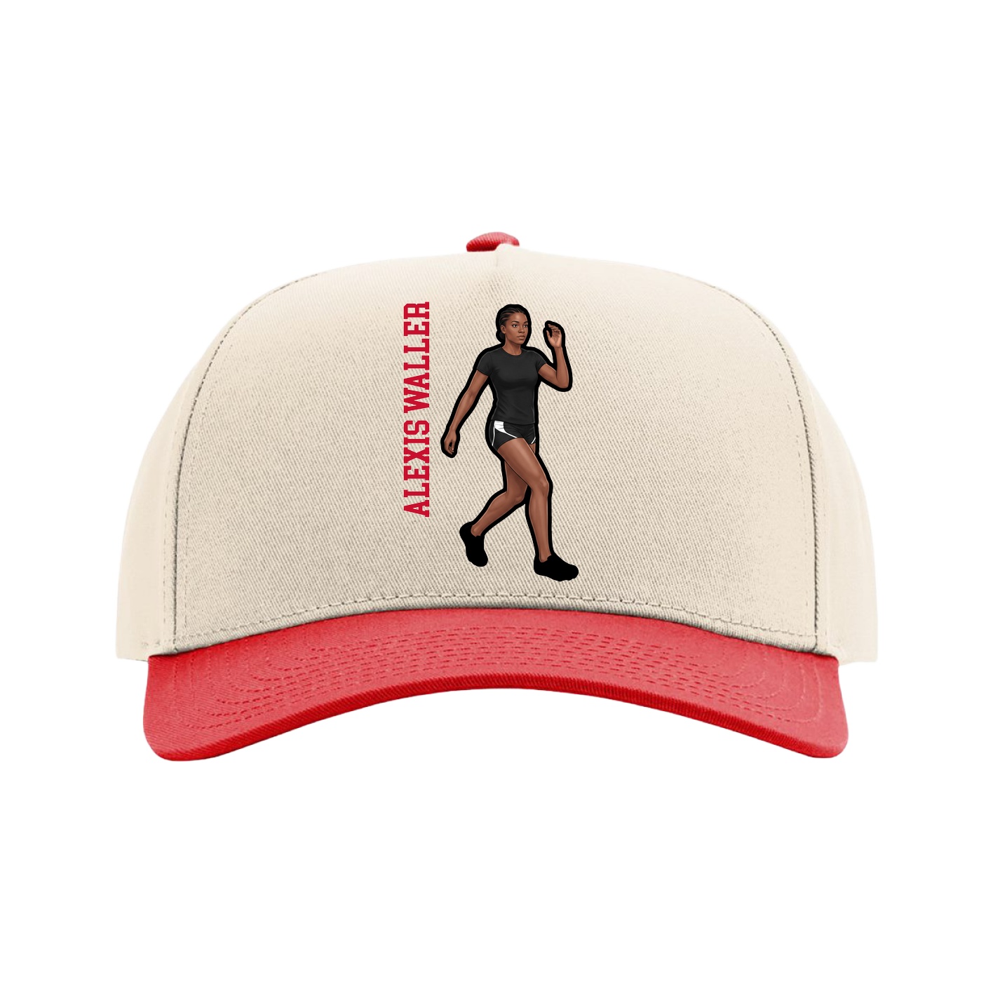 Full Fabric Five-Panel Champ Cap — Name Vertical in Cream/Red