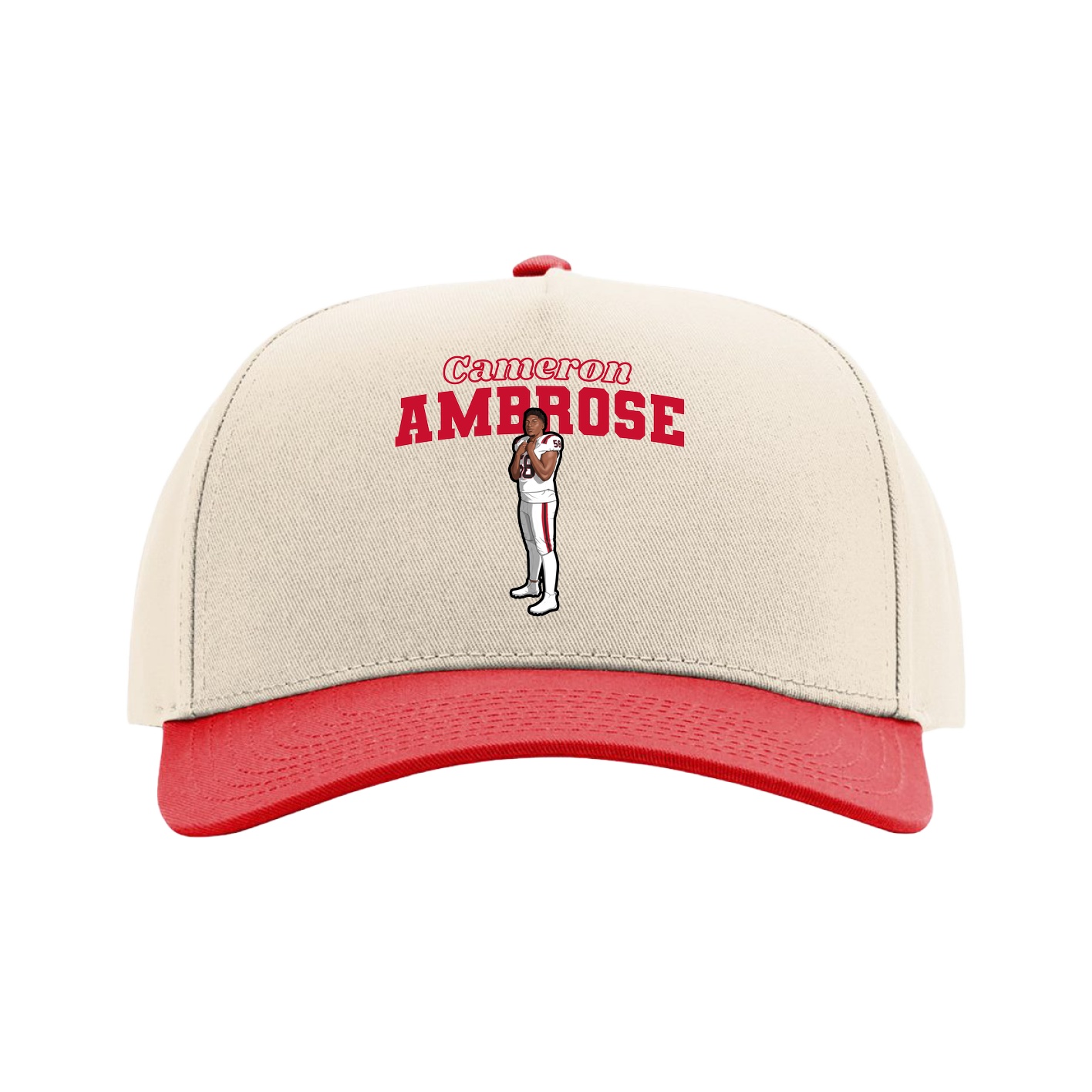 Full Fabric Five-Panel Champ Cap — Name Arch in Cream/Red