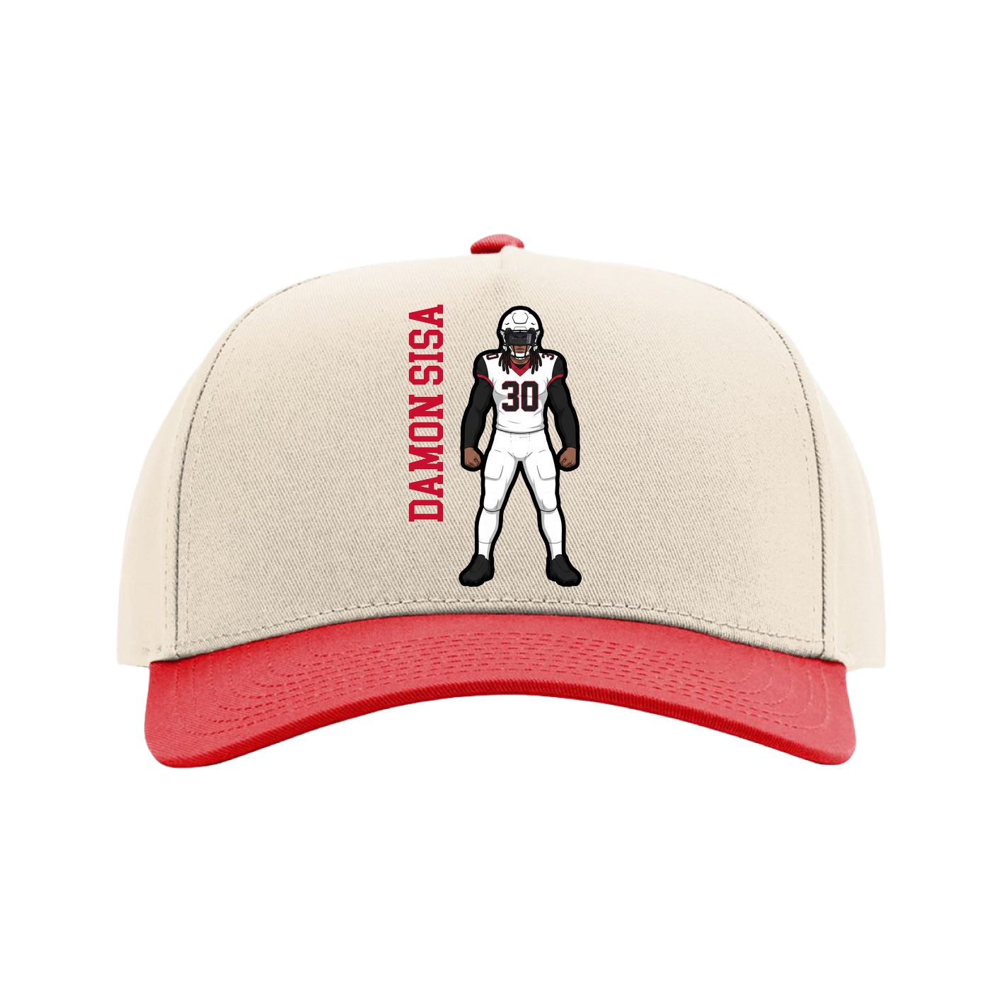 Full Fabric Five-Panel Champ Cap — Name Vertical in Cream/Red