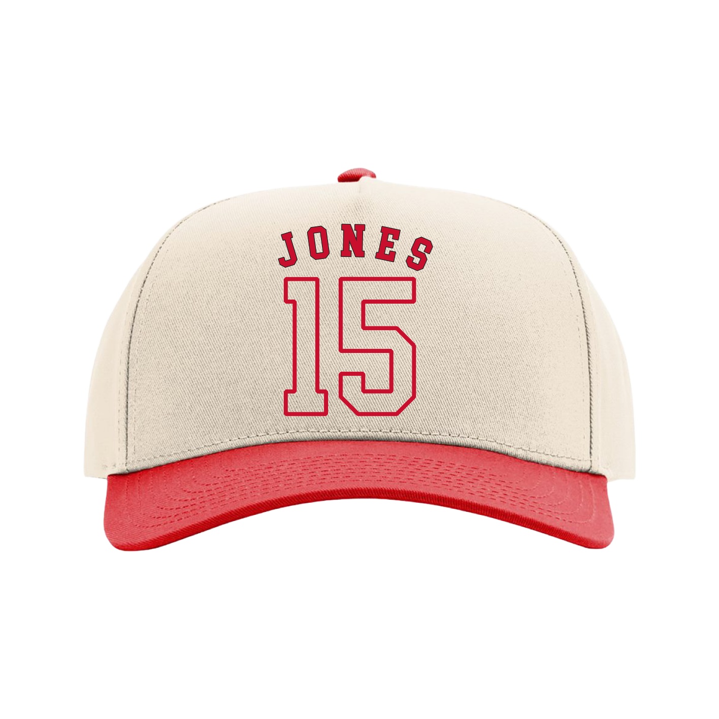 Full Fabric Five-Panel Champ Cap — Shirsey Arch in Cream/Red