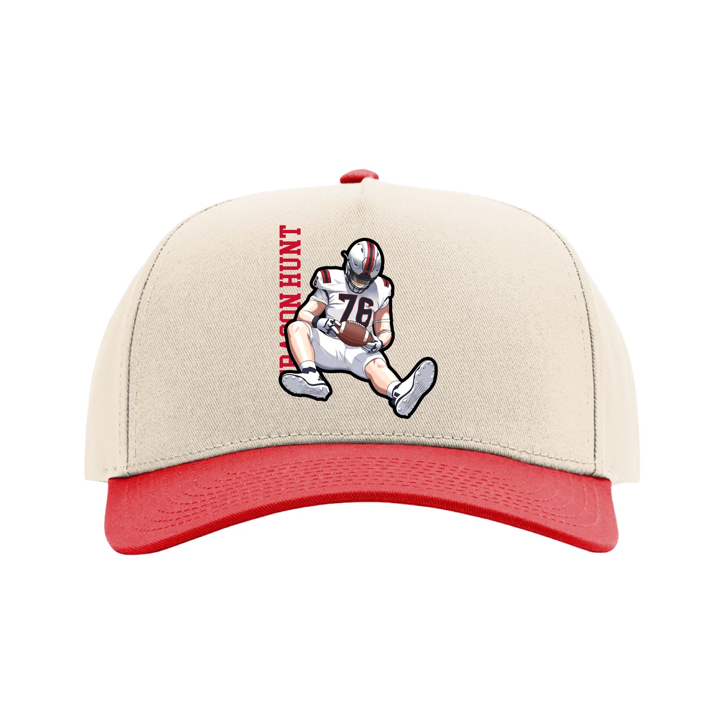Full Fabric Five-Panel Champ Cap — Name Vertical in Cream/Red