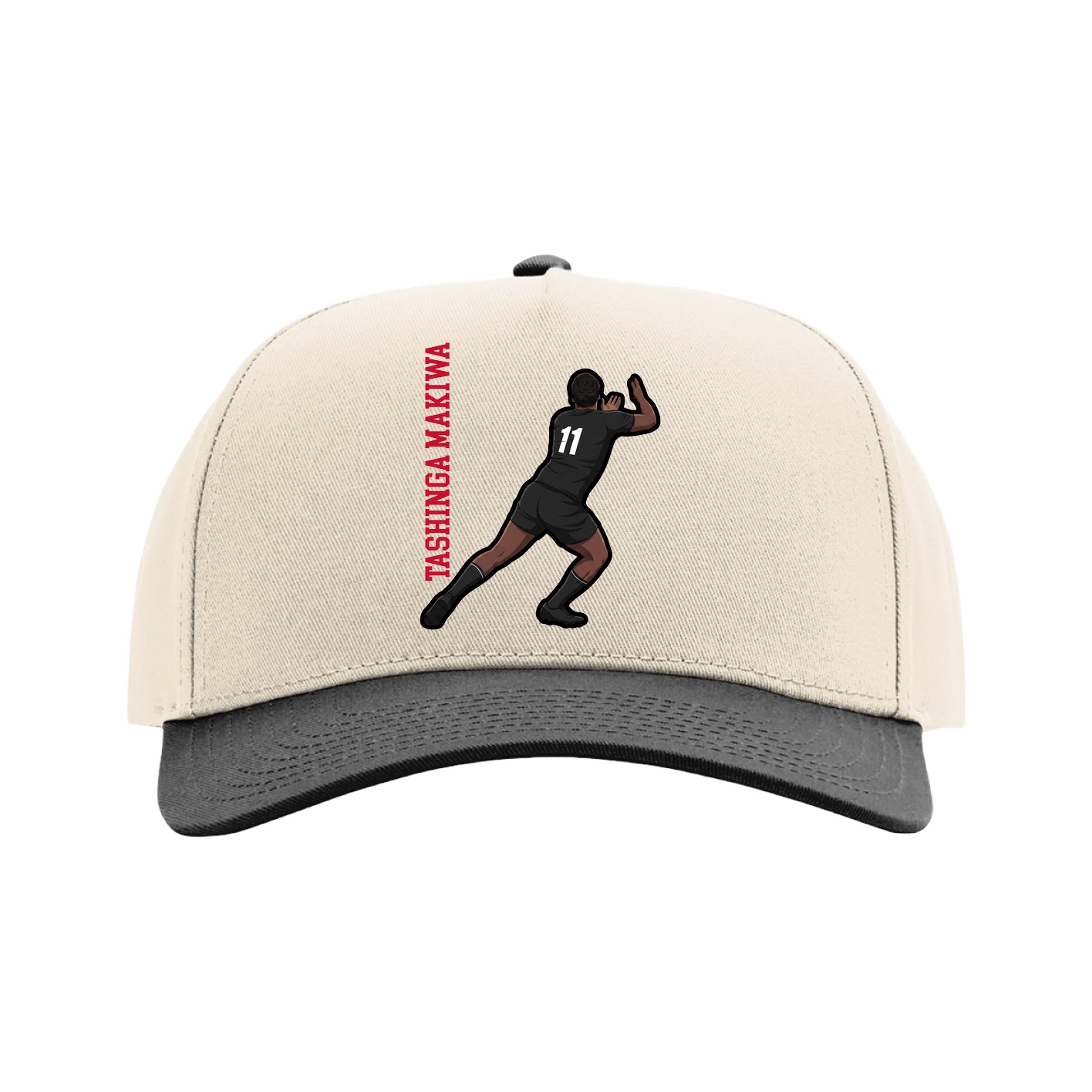 Full Fabric Five-Panel Champ Cap — Name Vertical in Cream/Black
