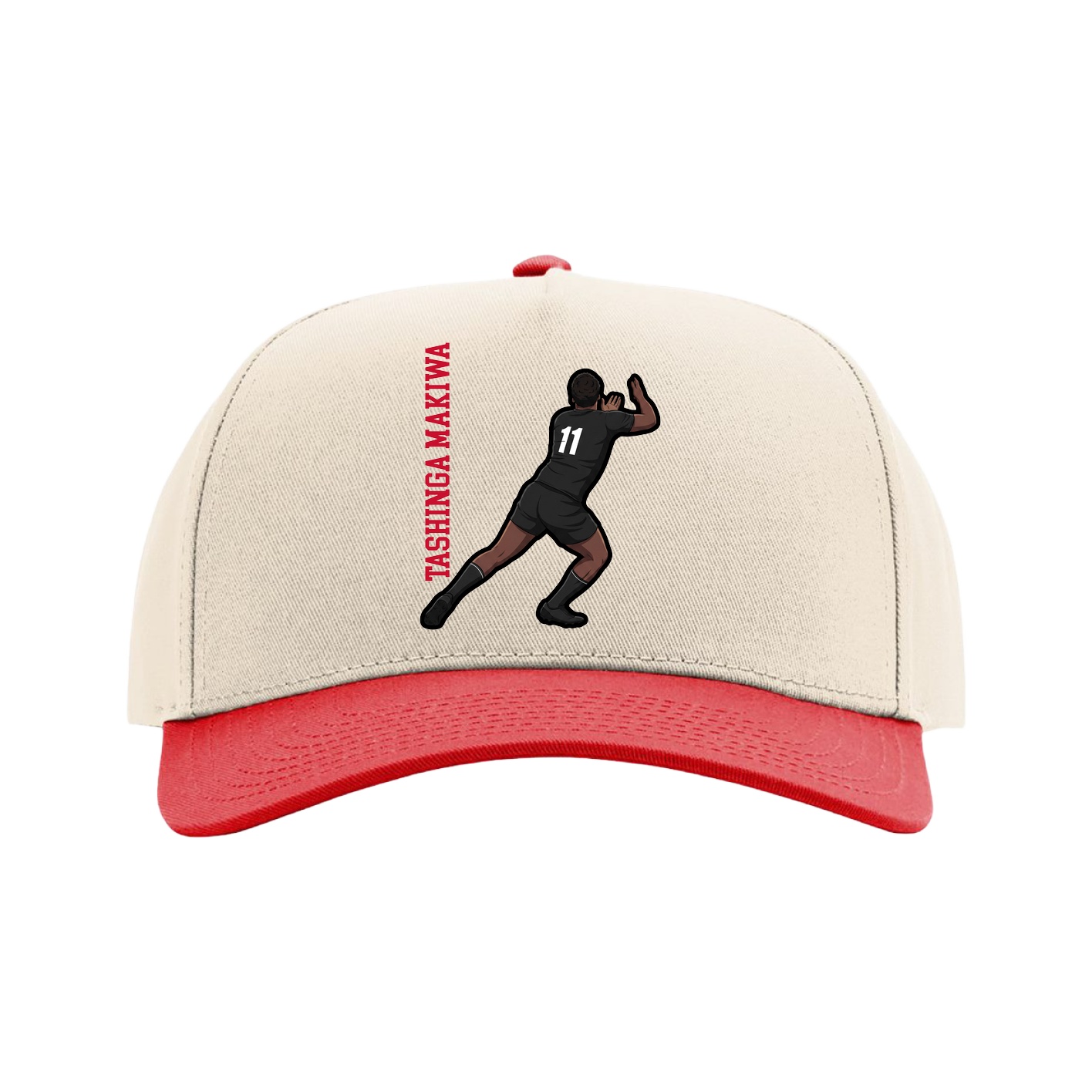 Full Fabric Five-Panel Champ Cap — Name Vertical in Cream/Red