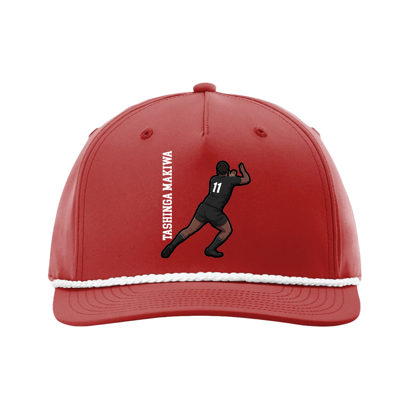 Five-Panel Classic Rope Cap — Name Vertical in Red