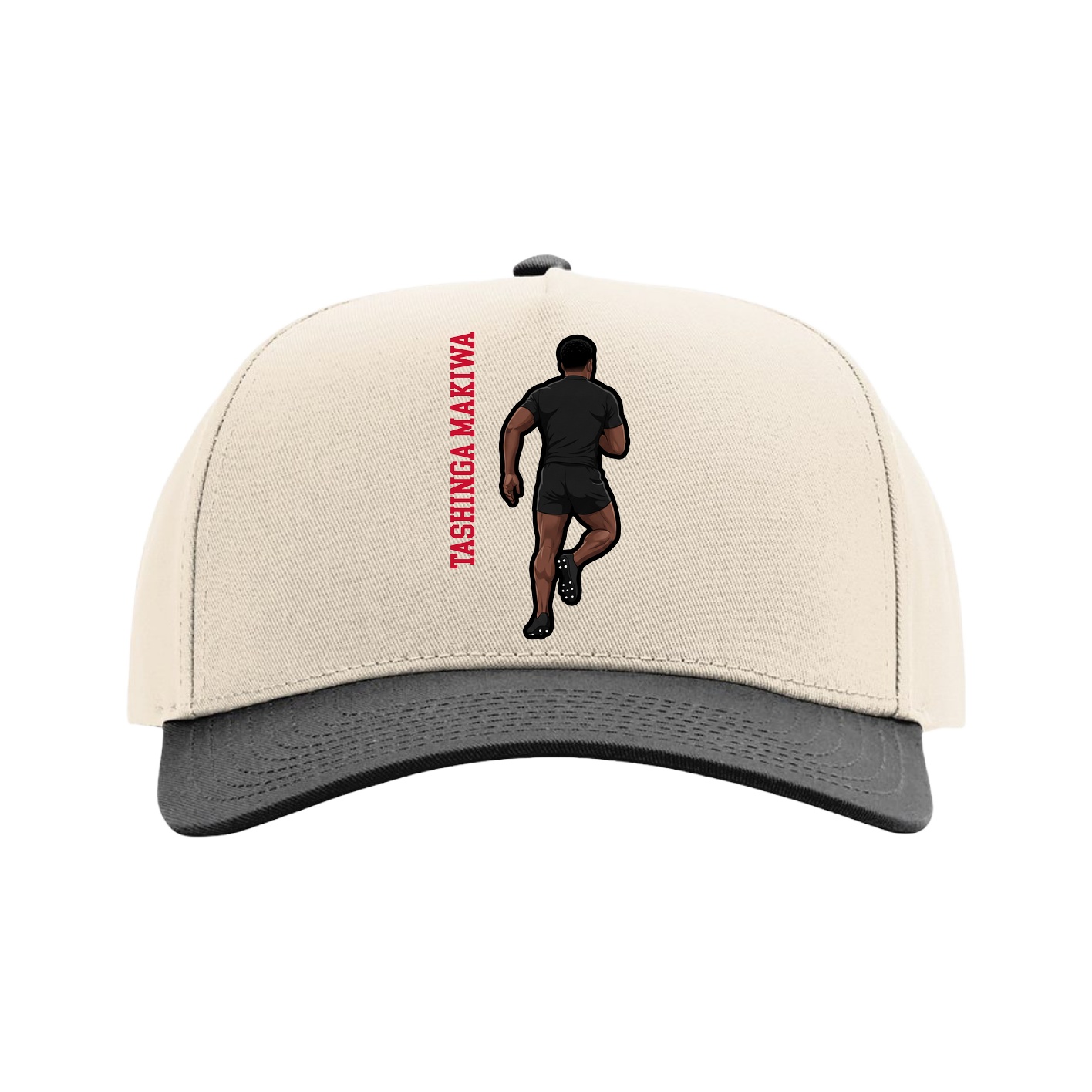 Full Fabric Five-Panel Champ Cap — Name Vertical in Cream/Black