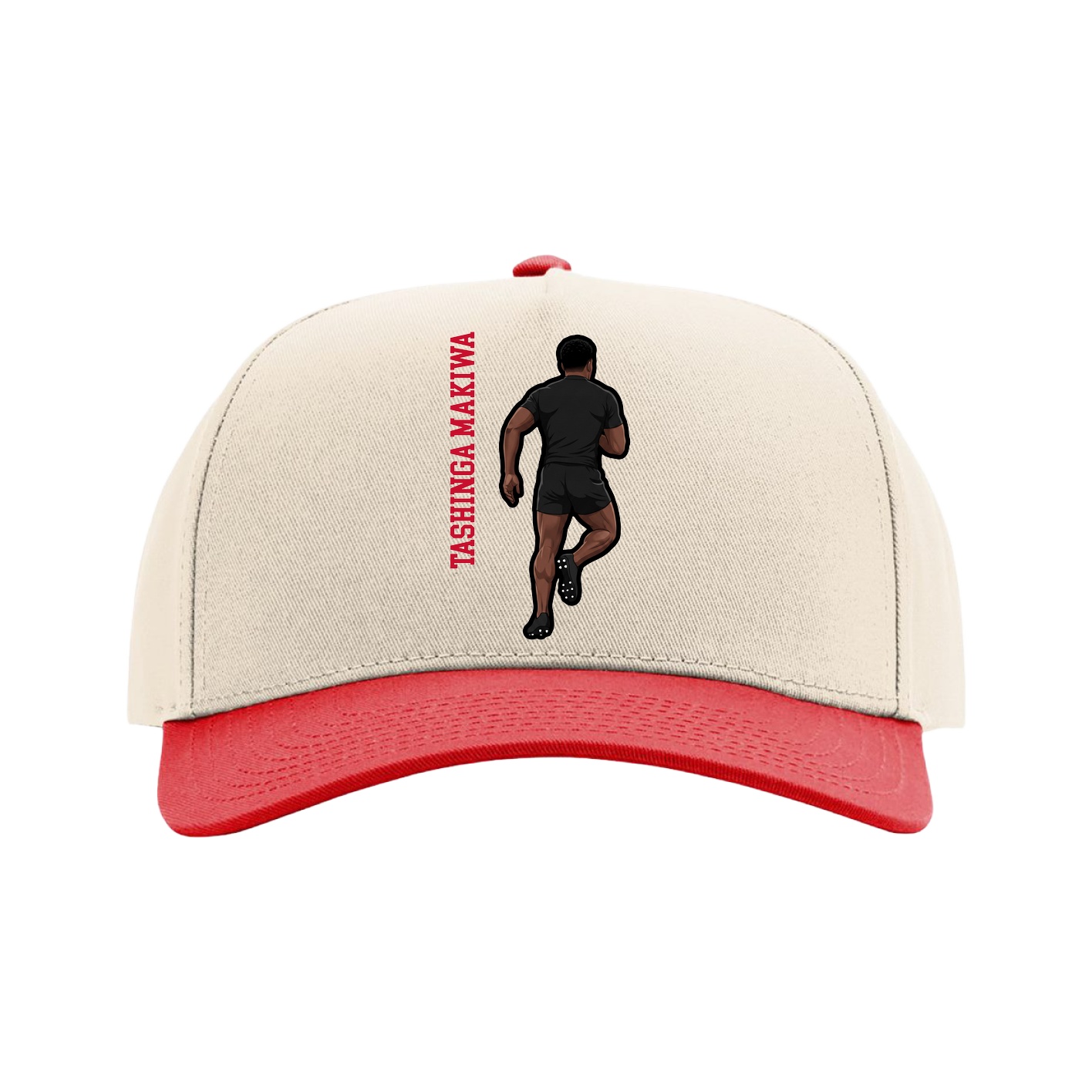 Full Fabric Five-Panel Champ Cap — Name Vertical in Cream/Red