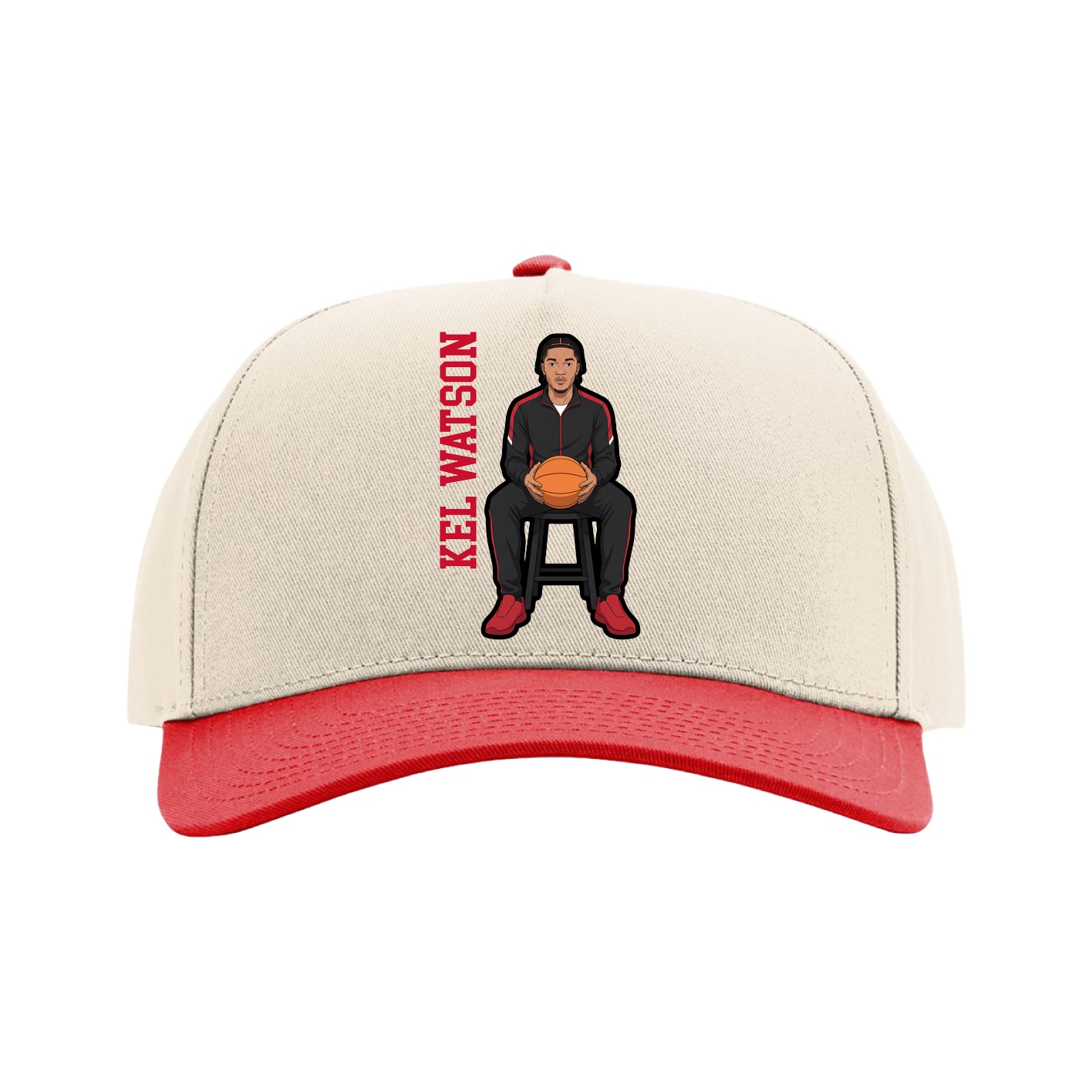 Full Fabric Five-Panel Champ Cap — Name Vertical in Cream/Red