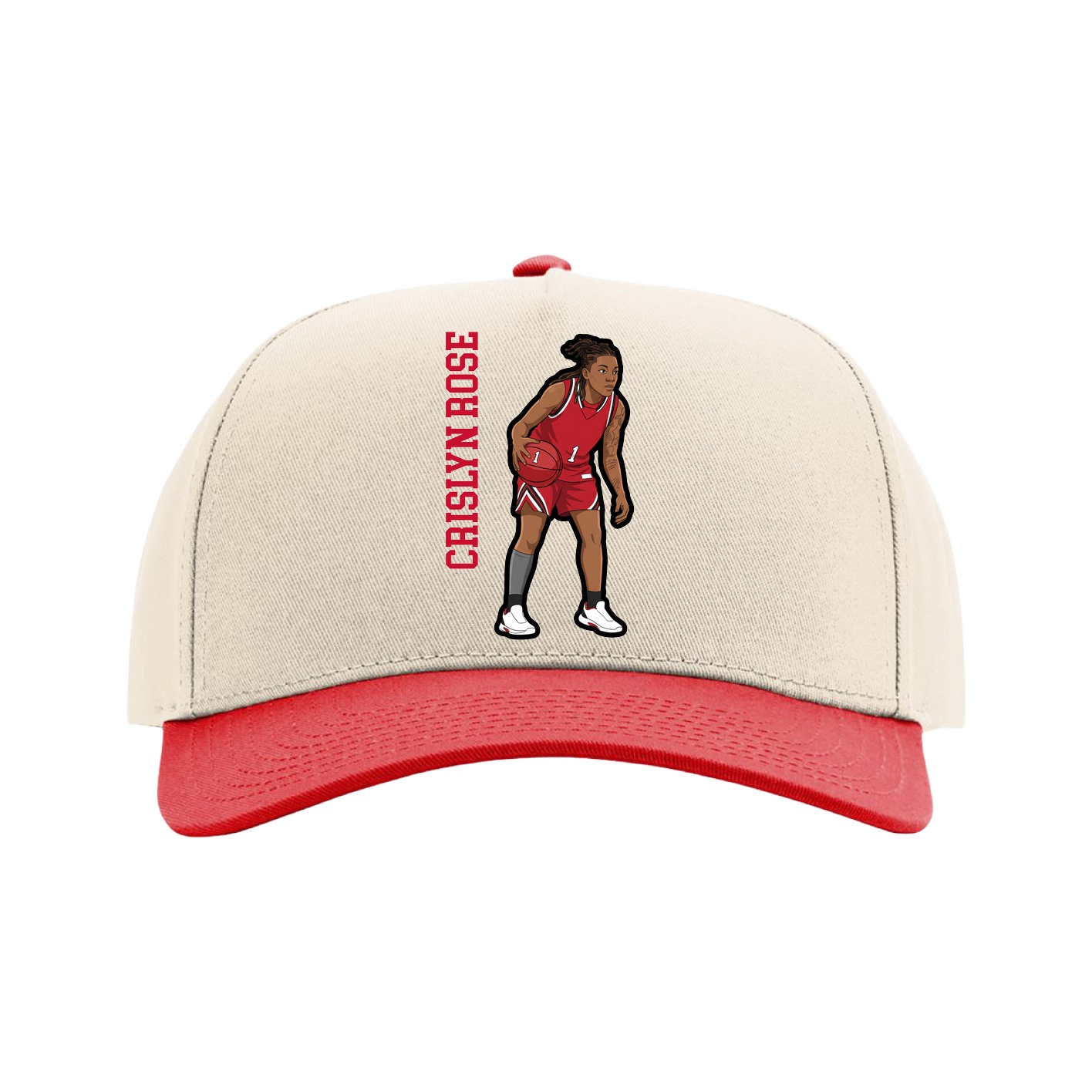 Full Fabric Five-Panel Champ Cap — Name Vertical in Cream/Red