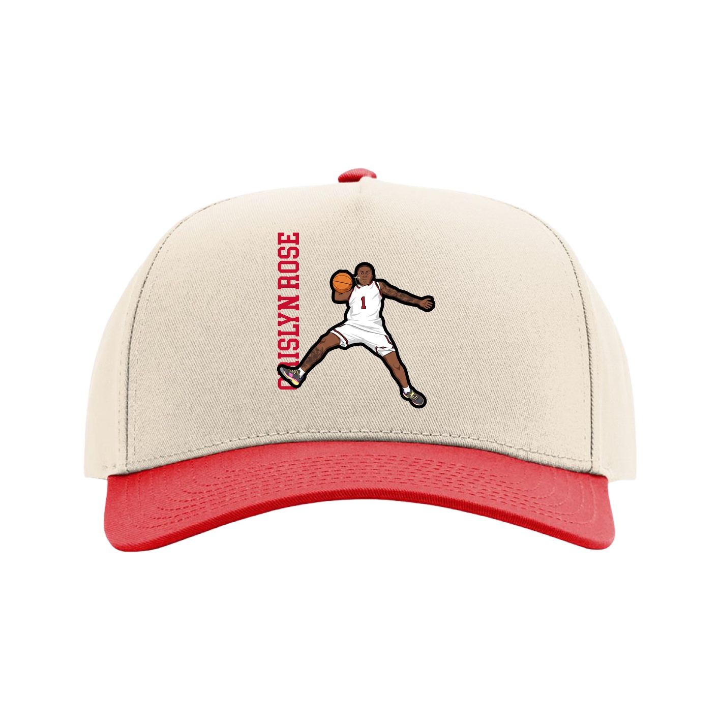 Full Fabric Five-Panel Champ Cap — Name Vertical in Cream/Red