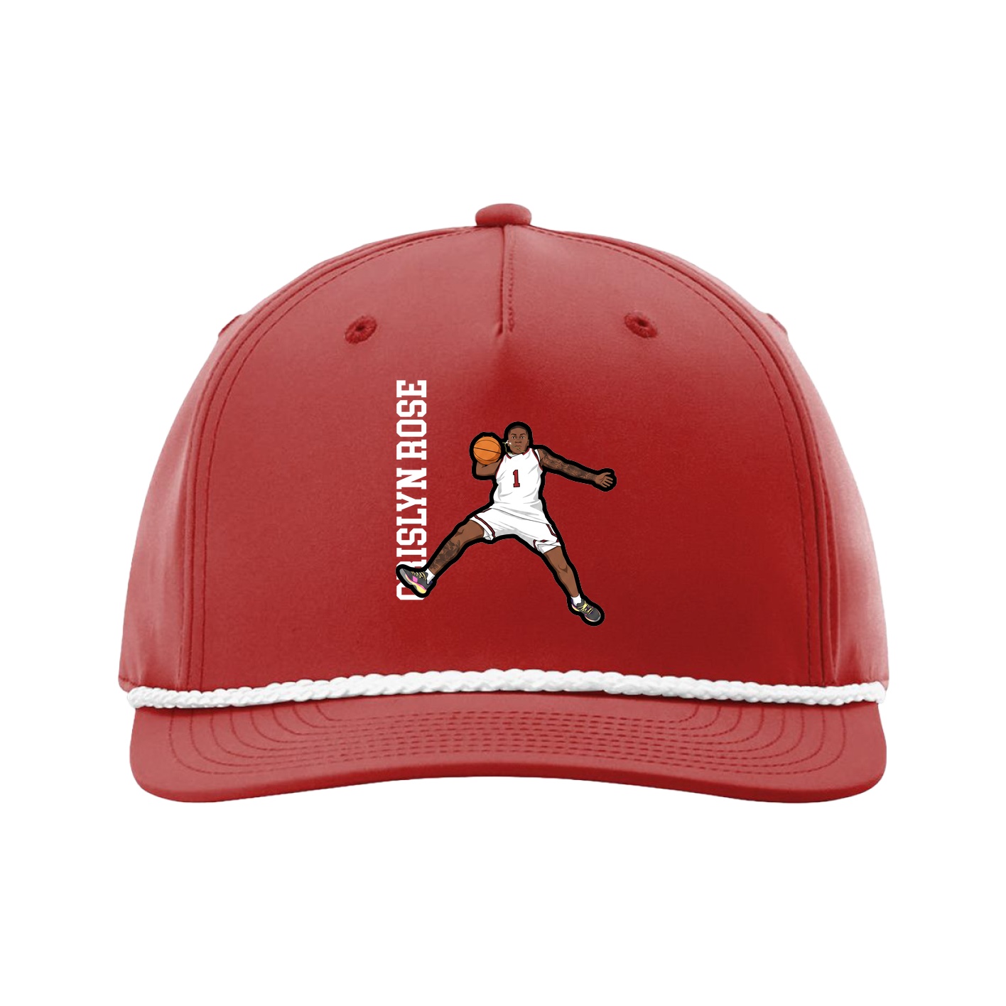 Five-Panel Classic Rope Cap — Name Vertical in Red