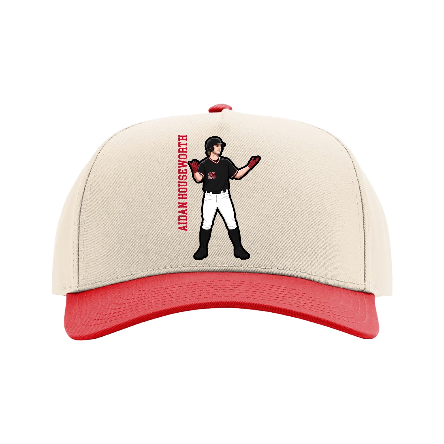 Full Fabric Five-Panel Champ Cap — Name Vertical in Cream/Red