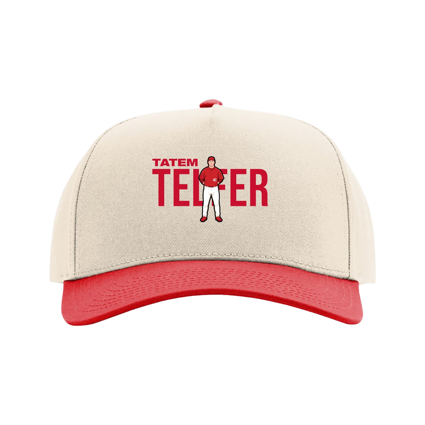 Full Fabric Five-Panel Champ Cap — Player Name in Cream/Red