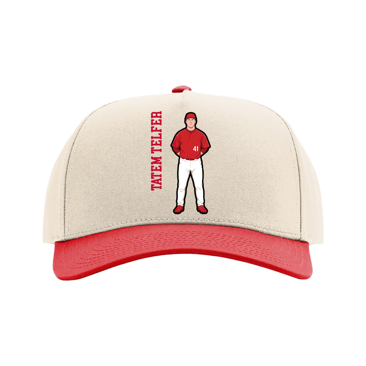 Full Fabric Five-Panel Champ Cap — Name Vertical in Cream/Red