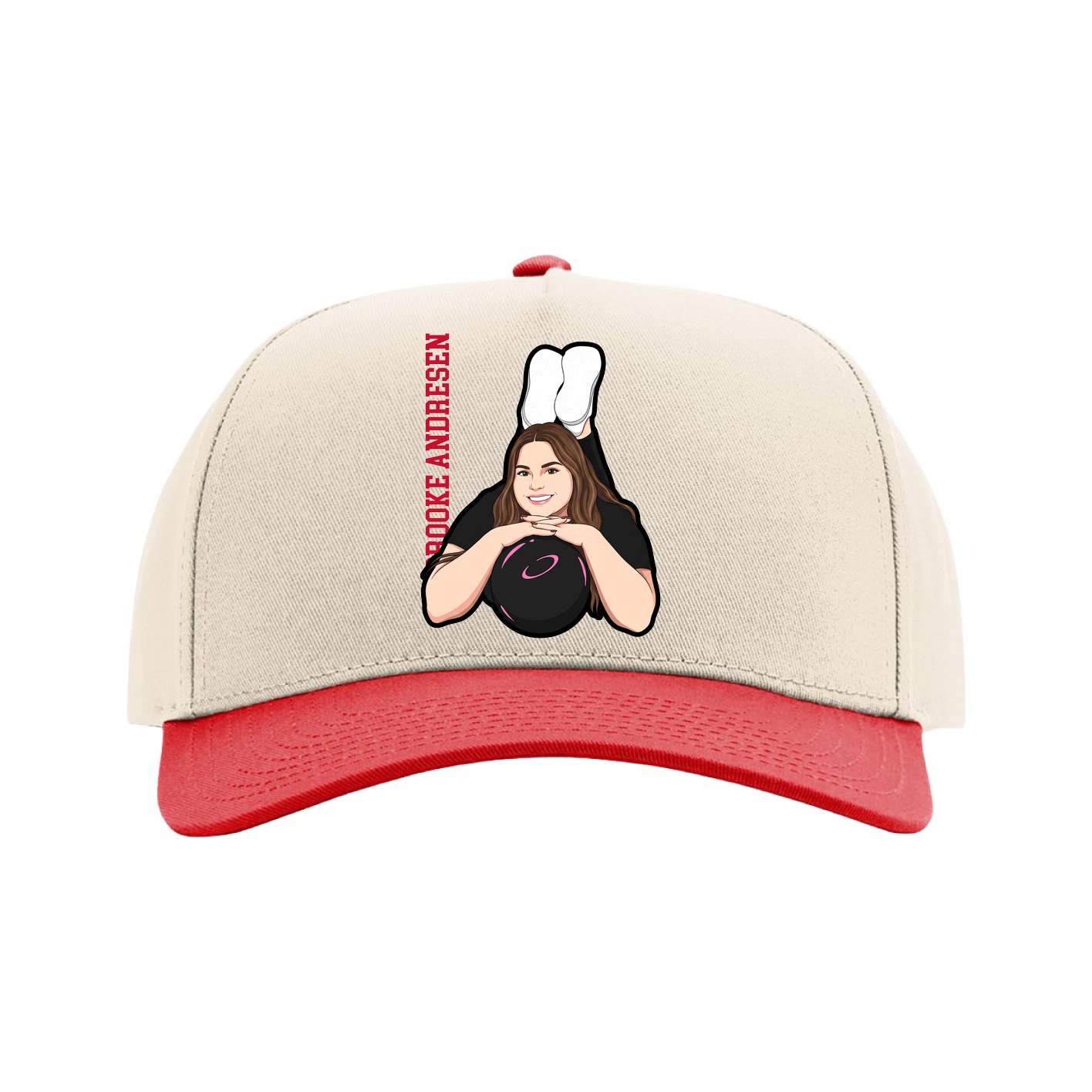 Full Fabric Five-Panel Champ Cap — Name Vertical in Cream/Red