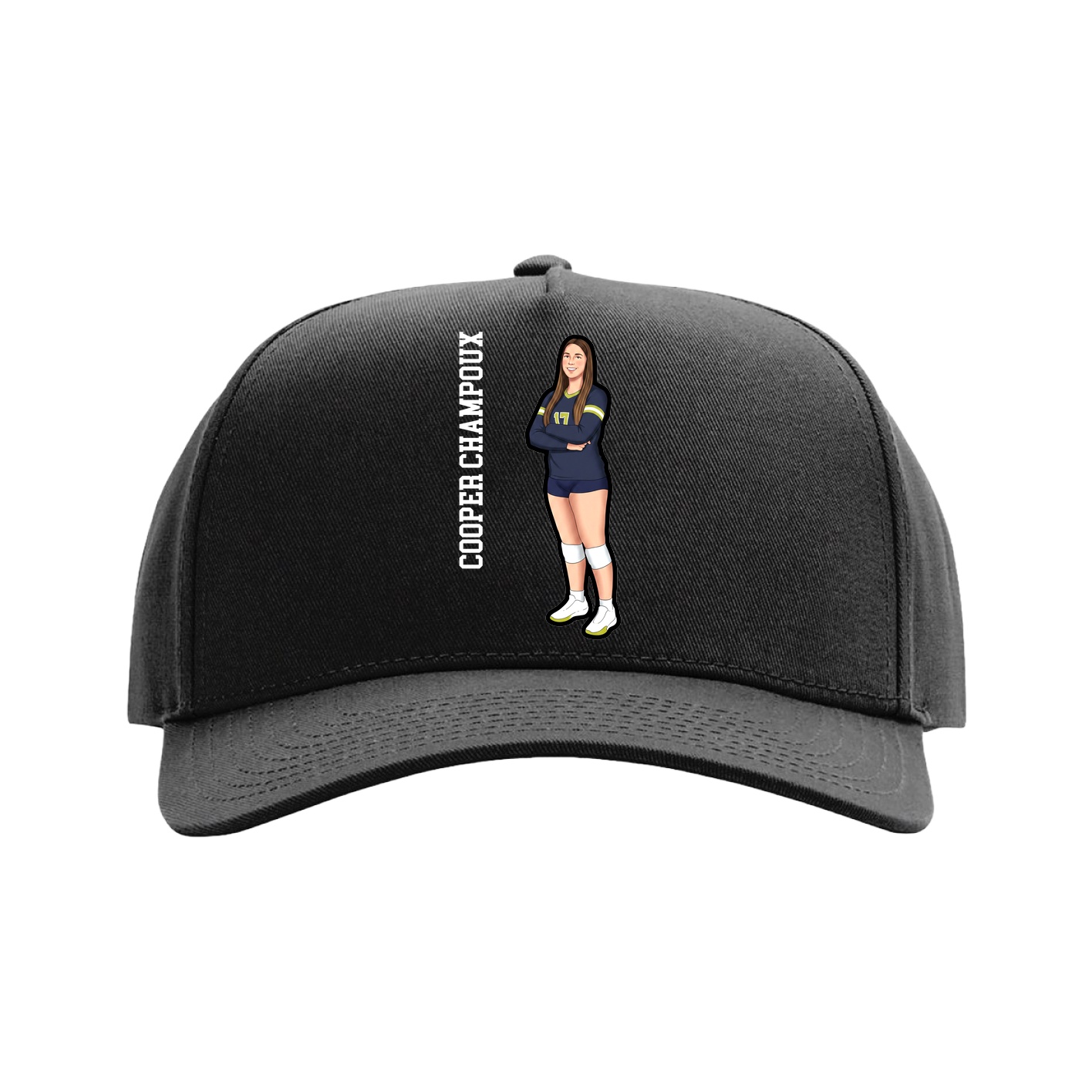 Full Fabric Five-Panel Champ Cap — Name Vertical in Black
