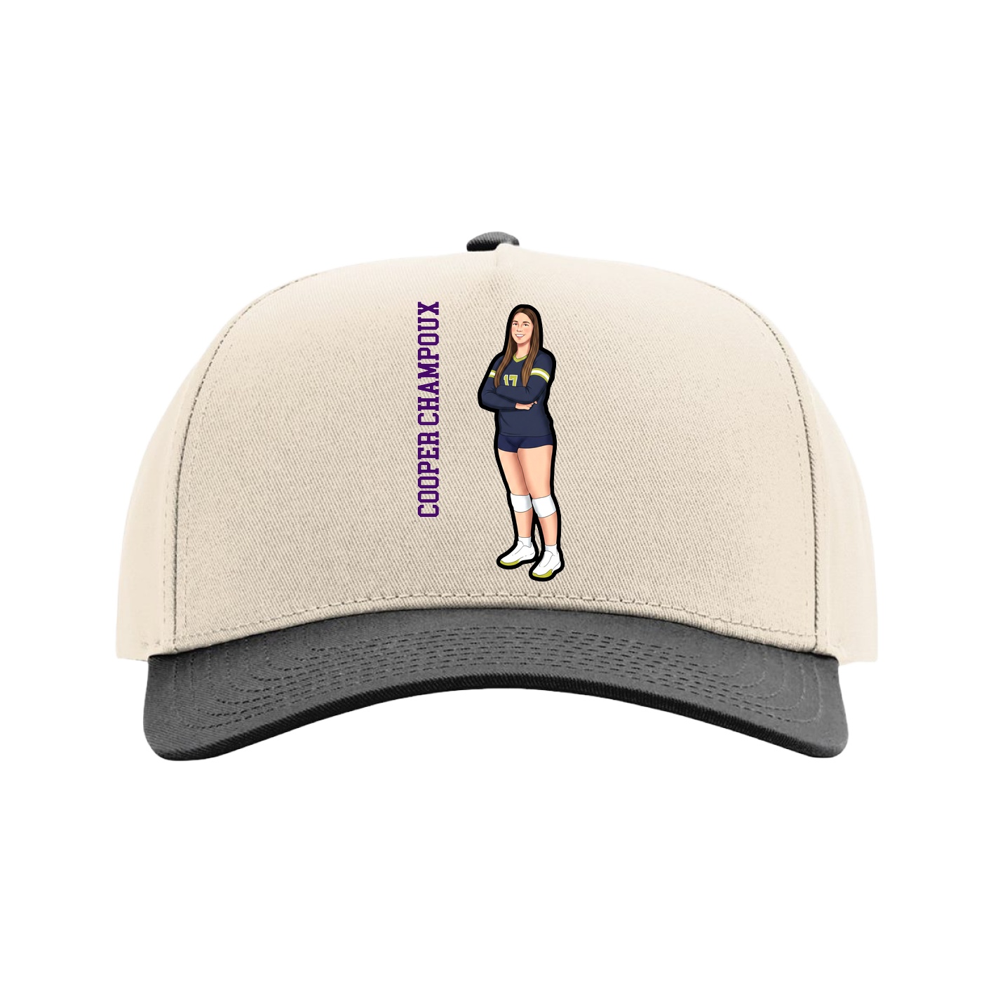 Full Fabric Five-Panel Champ Cap — Name Vertical in Cream/Black