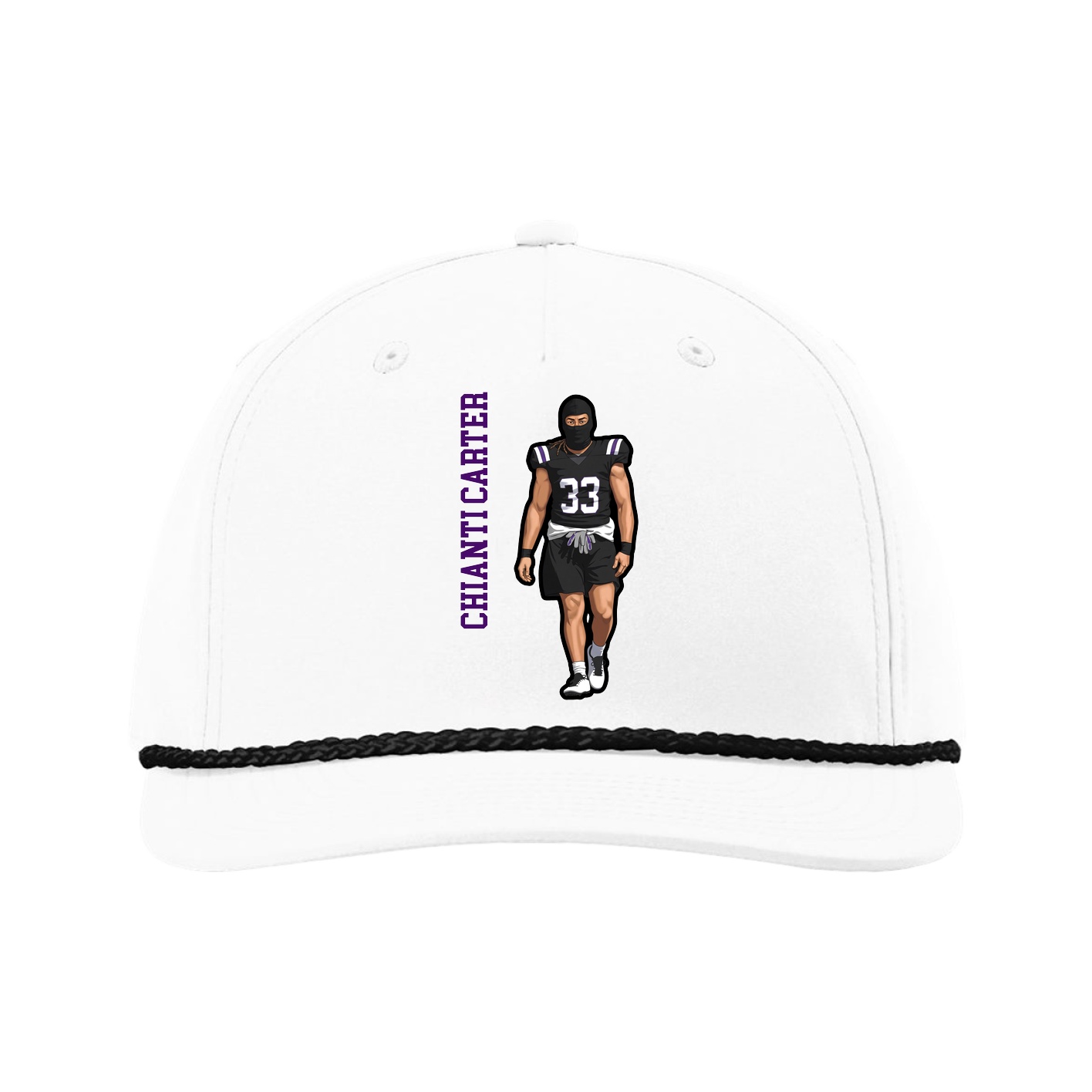 Five-Panel Classic Rope Cap — Name Vertical in White