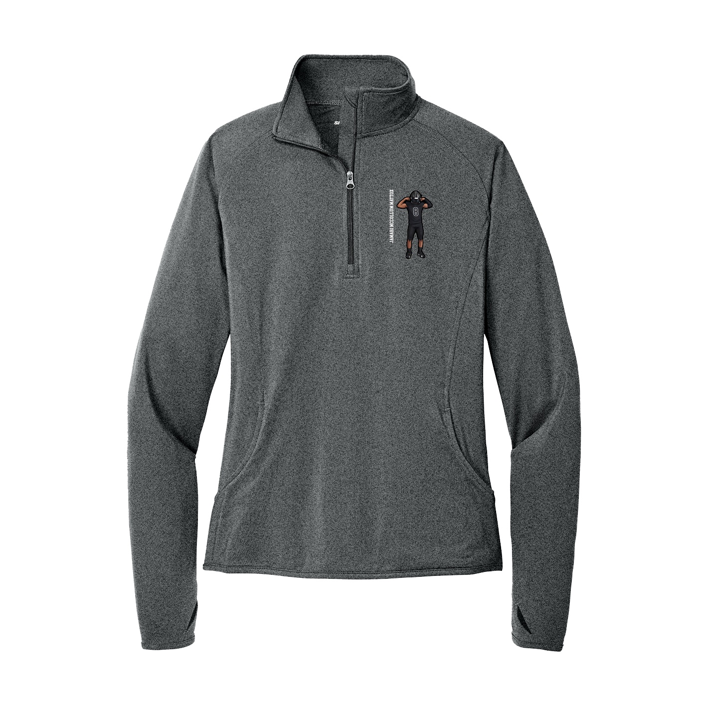Women's Q-Zip Pullover — Name Vertical in Grey