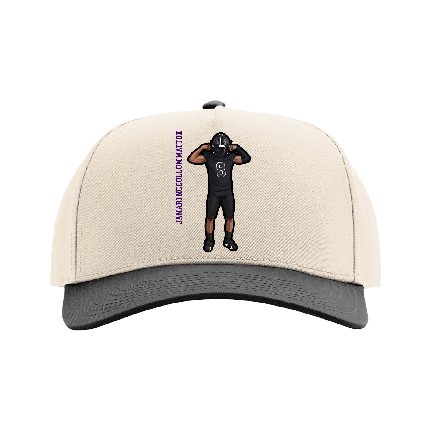 Full Fabric Five-Panel Champ Cap — Name Vertical in Cream/Black