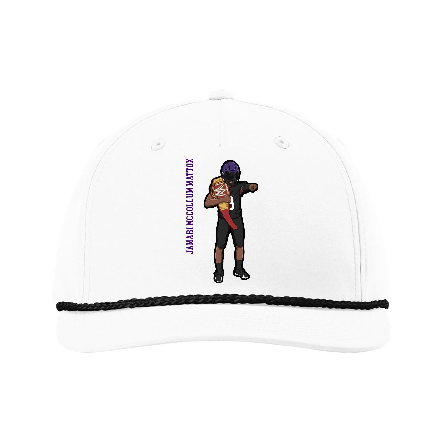 Five-Panel Classic Rope Cap — Name Vertical in White
