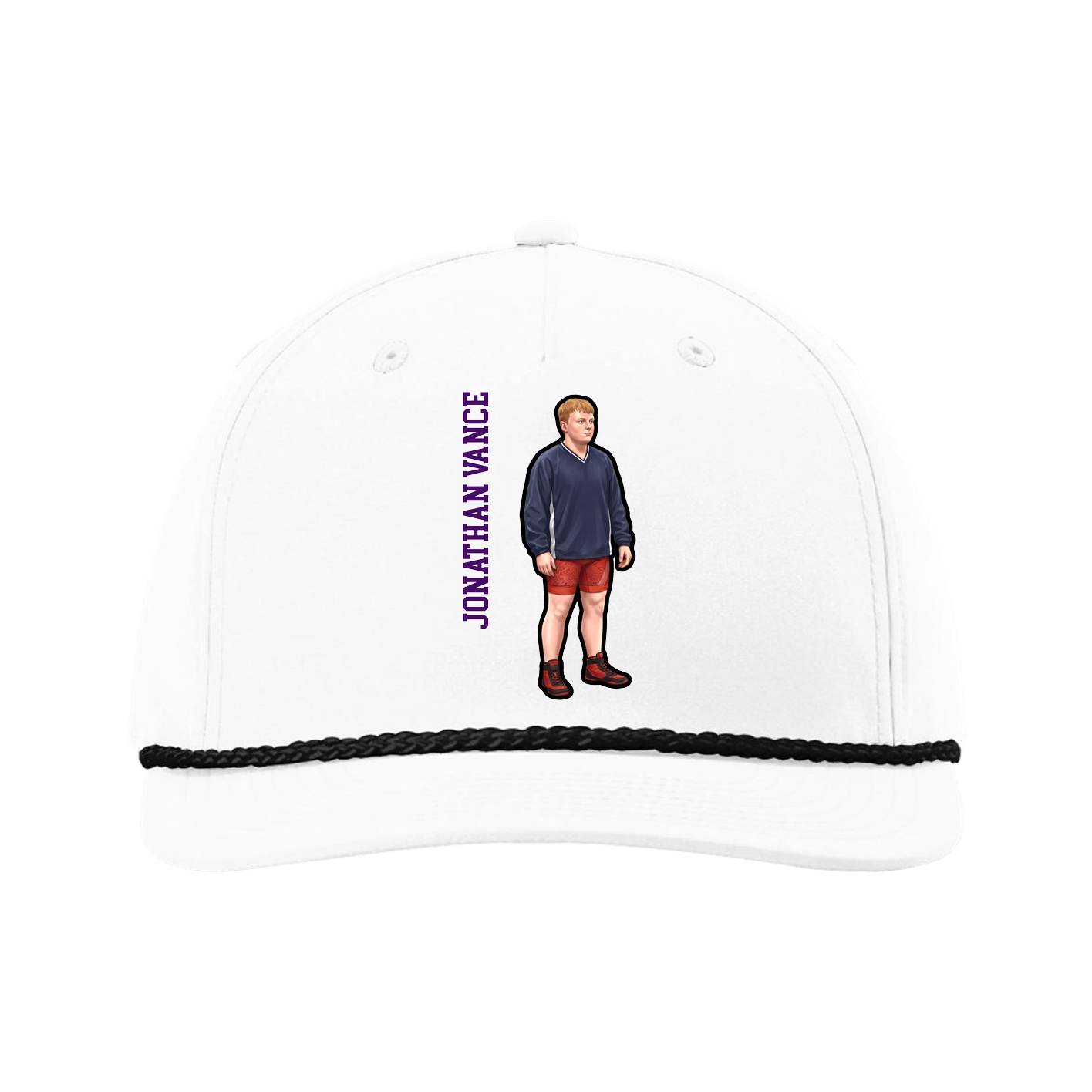 Five-Panel Classic Rope Cap — Name Vertical in White