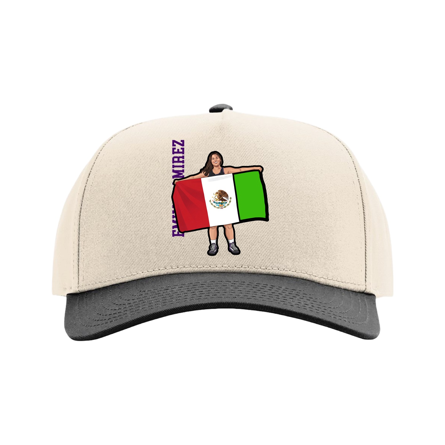 Full Fabric Five-Panel Champ Cap — Name Vertical in Cream/Black
