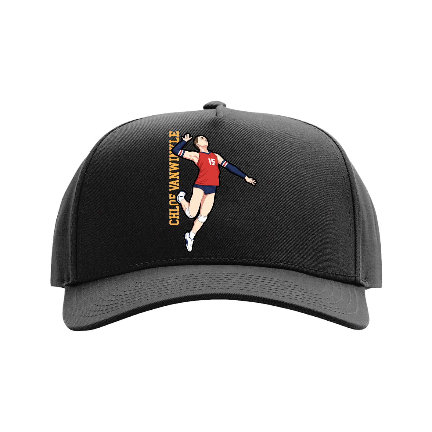 Full Fabric Five-Panel Champ Cap — Name Vertical in Black