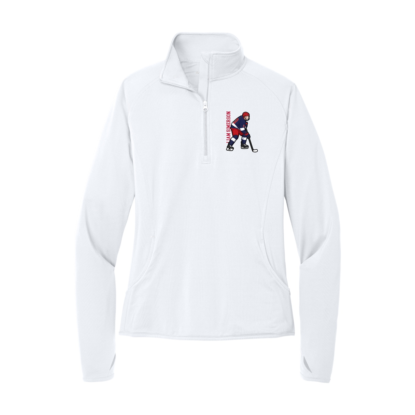 Women's Q-Zip Pullover — Name Vertical in White