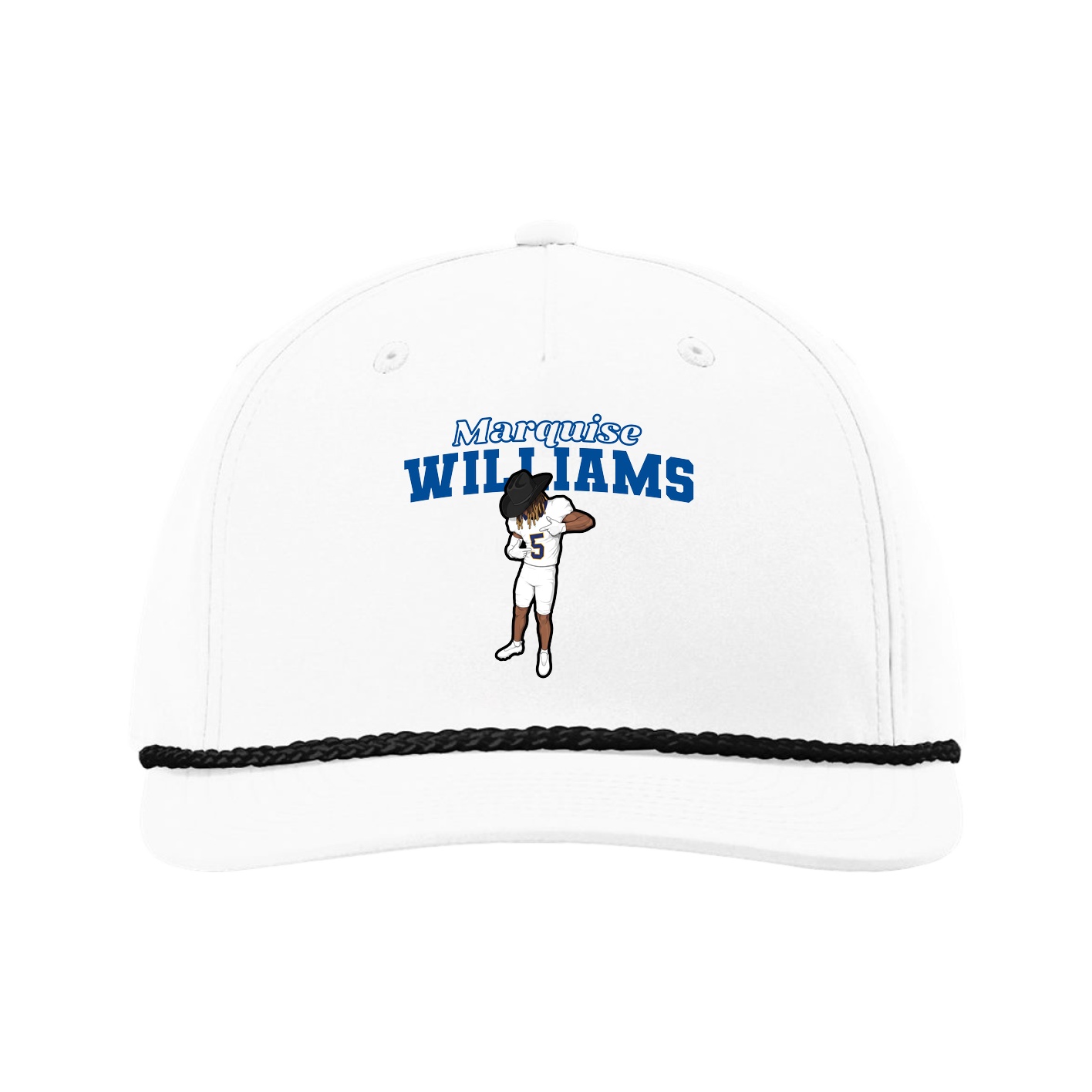 Five-Panel Classic Rope Cap — Name Arch in White