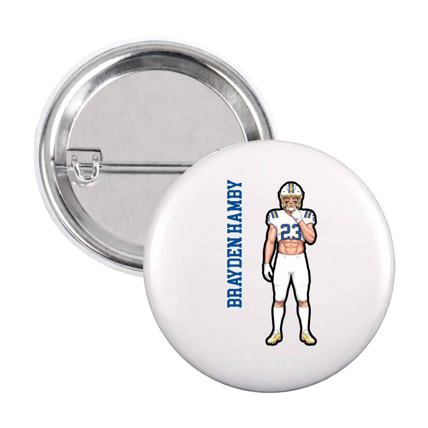 Game Day Button — Name Vertical in White