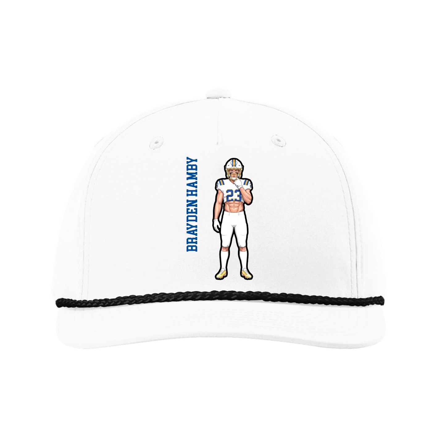 Five-Panel Classic Rope Cap — Name Vertical in White