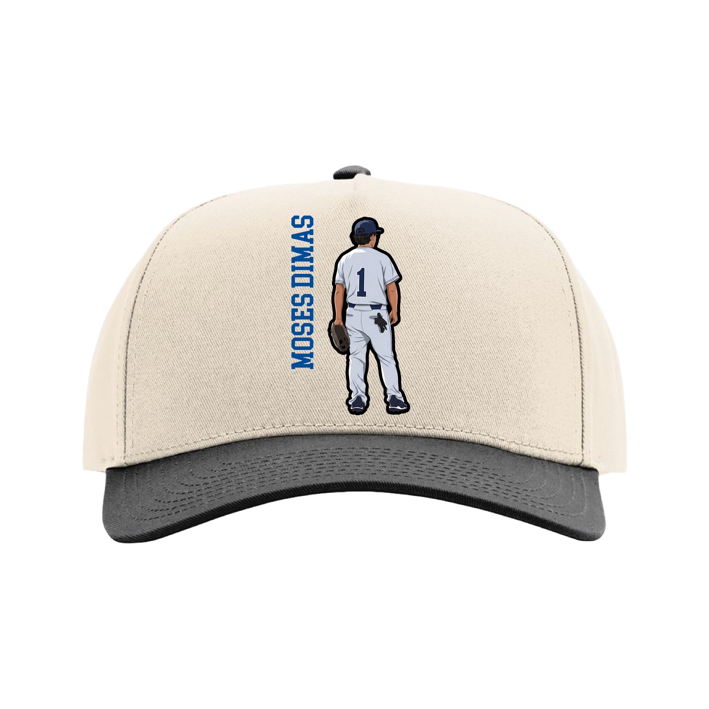 Full Fabric Five-Panel Champ Cap — Name Vertical in Cream/Black