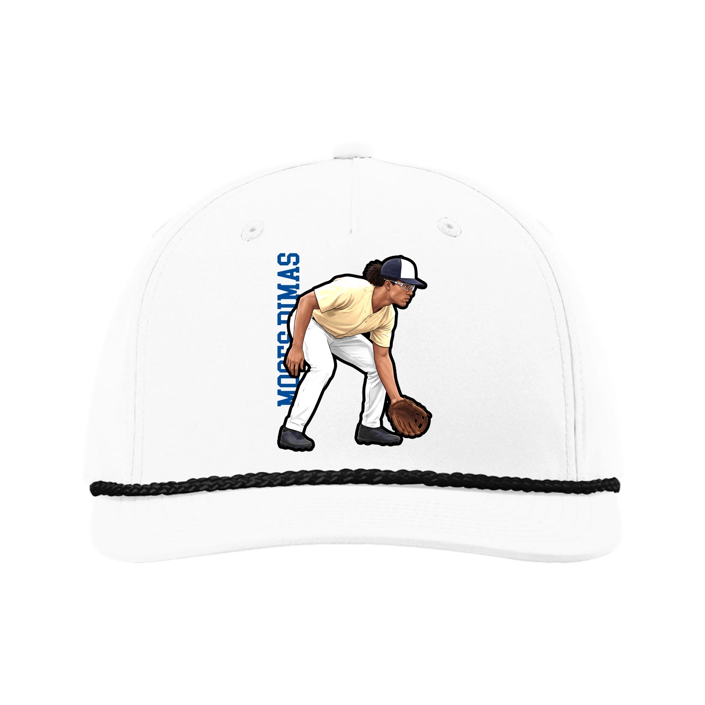 Five-Panel Classic Rope Cap — Name Vertical in White