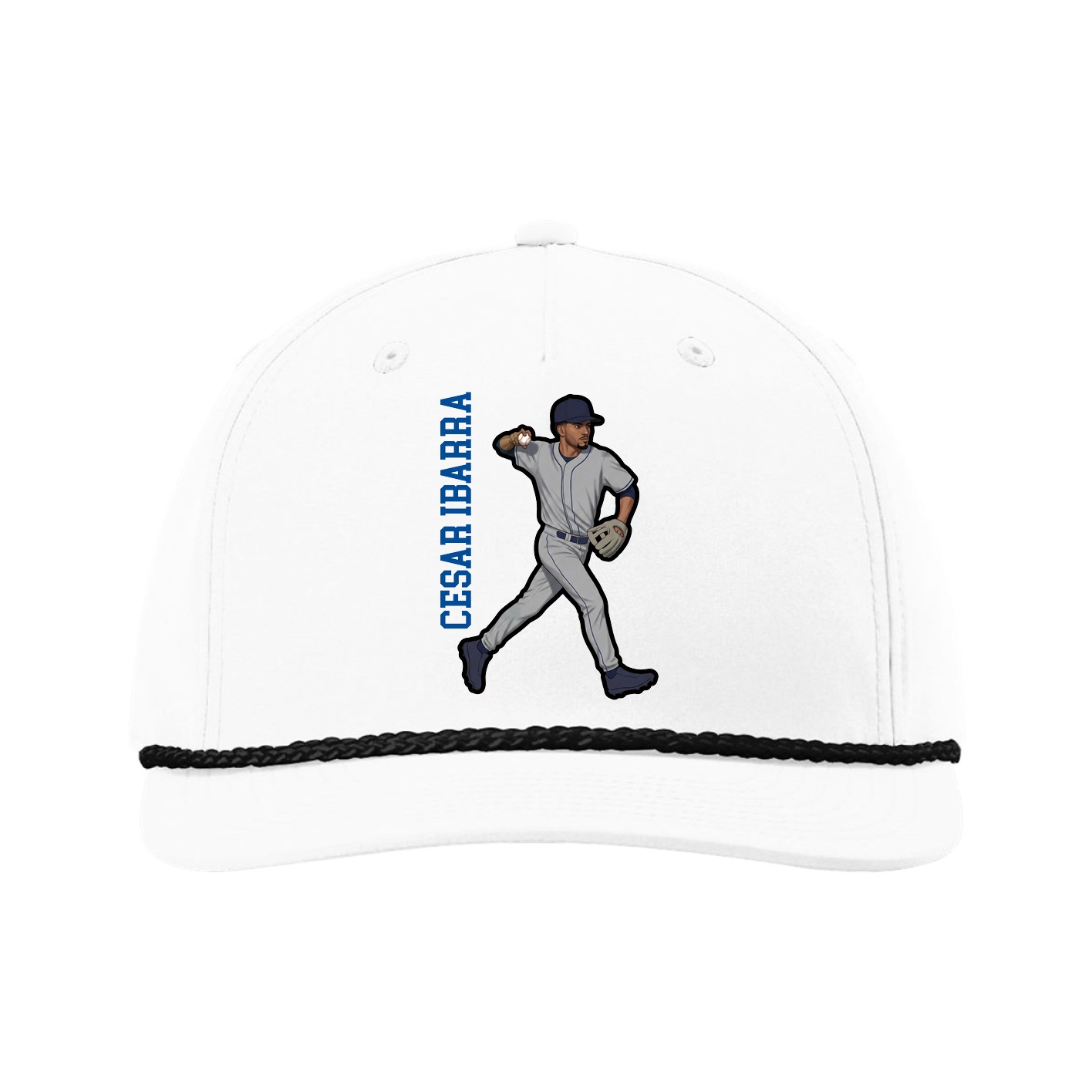 Five-Panel Classic Rope Cap — Name Vertical in White