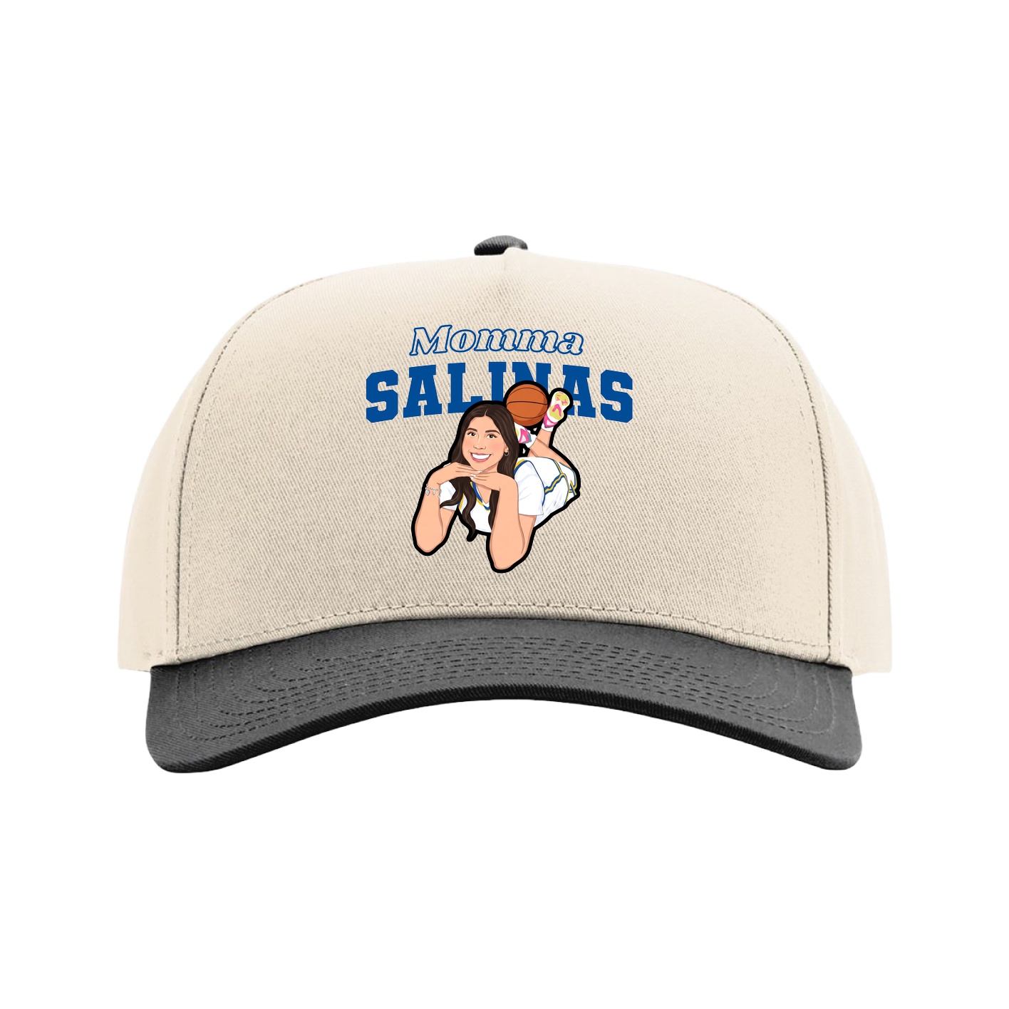 Full Fabric Five-Panel Champ Cap — Mothers Day Block in Cream/Black